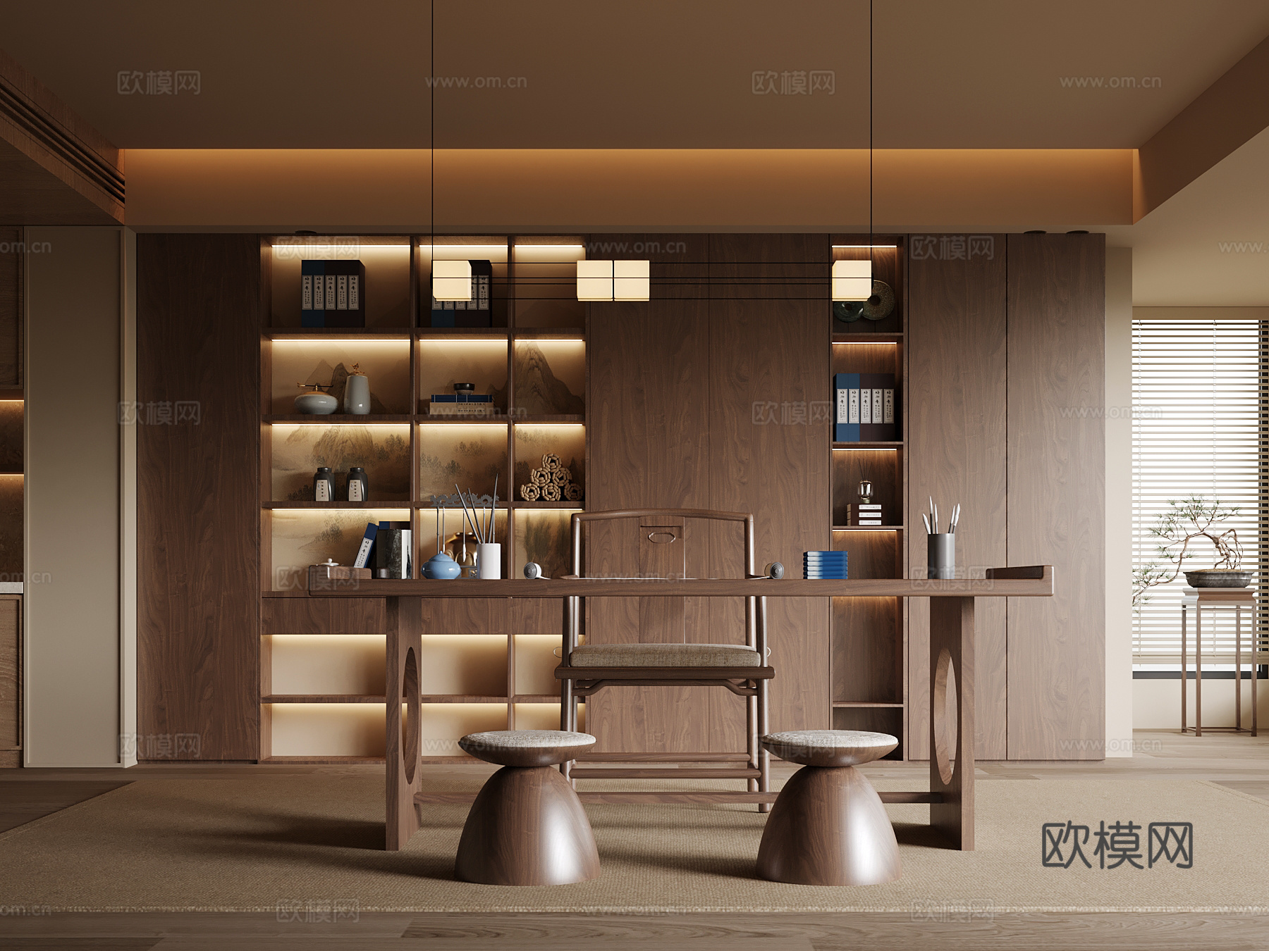 新中式书房 书桌椅 书柜su模型