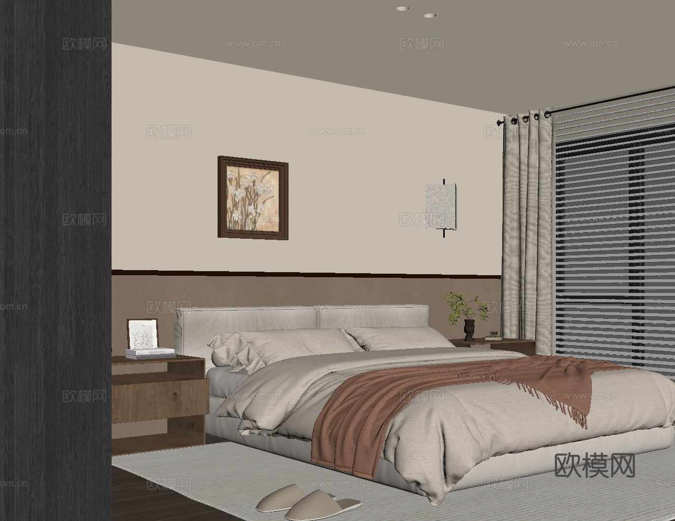 现代中古风卧室 双人床 床头柜 背景墙_su模型