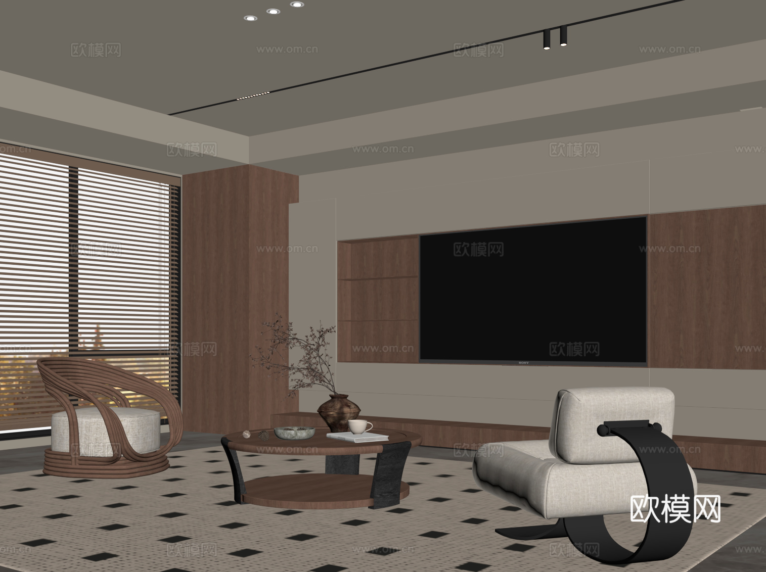 现代中古风客厅 电视背景墙 沙发茶几组合su模型
