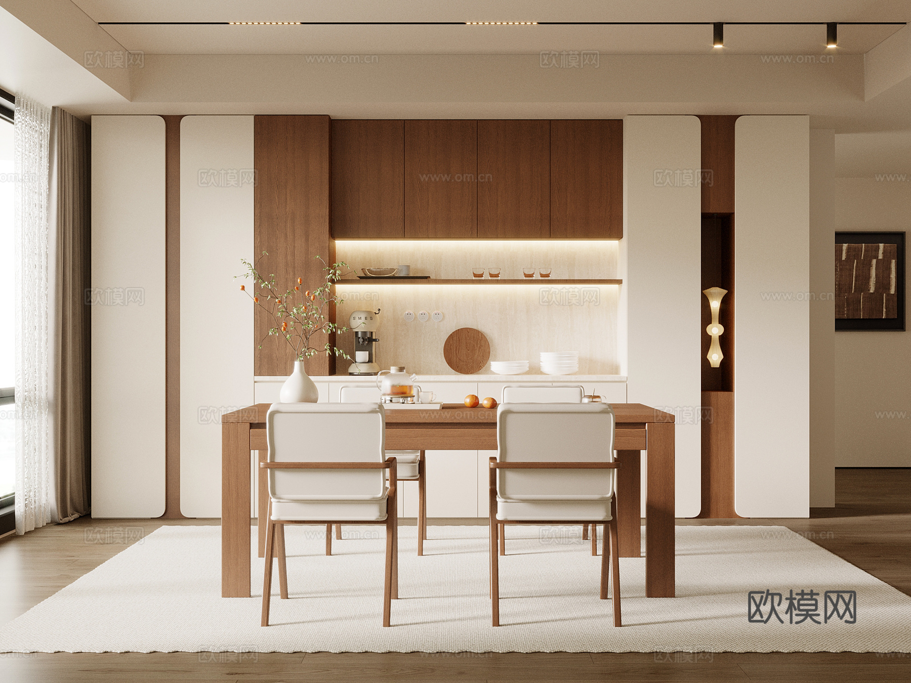 中古风餐厅 餐桌椅 餐边柜3d模型