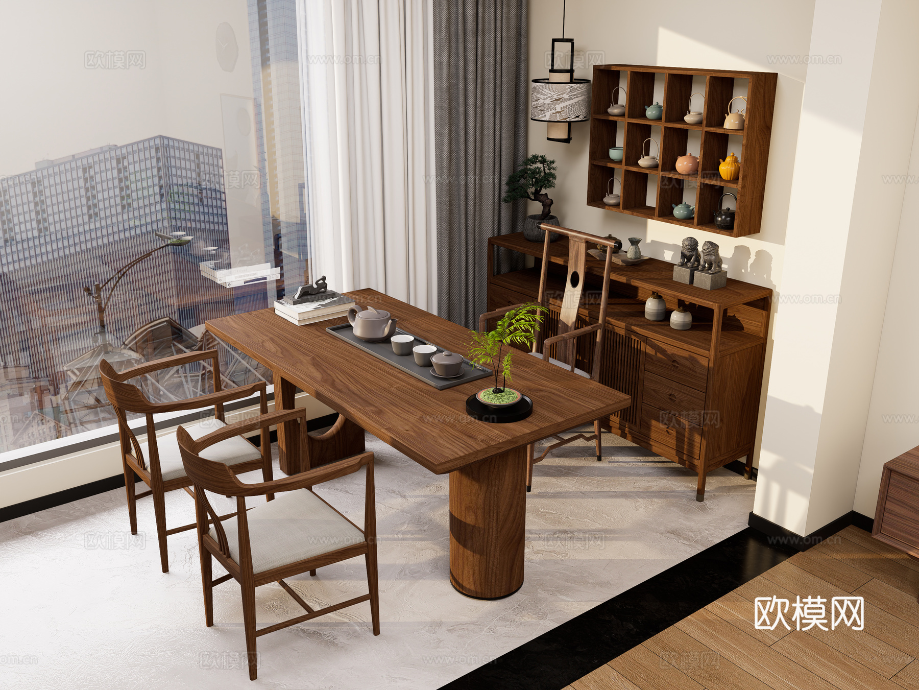 新中式茶桌椅组合 实木茶桌 阳台茶桌椅 装饰茶水柜su模型