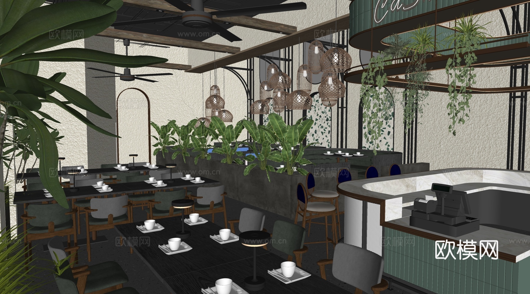 侘寂茶餐厅 中餐厅 网红餐厅 餐桌椅组合 前台吧台su模型