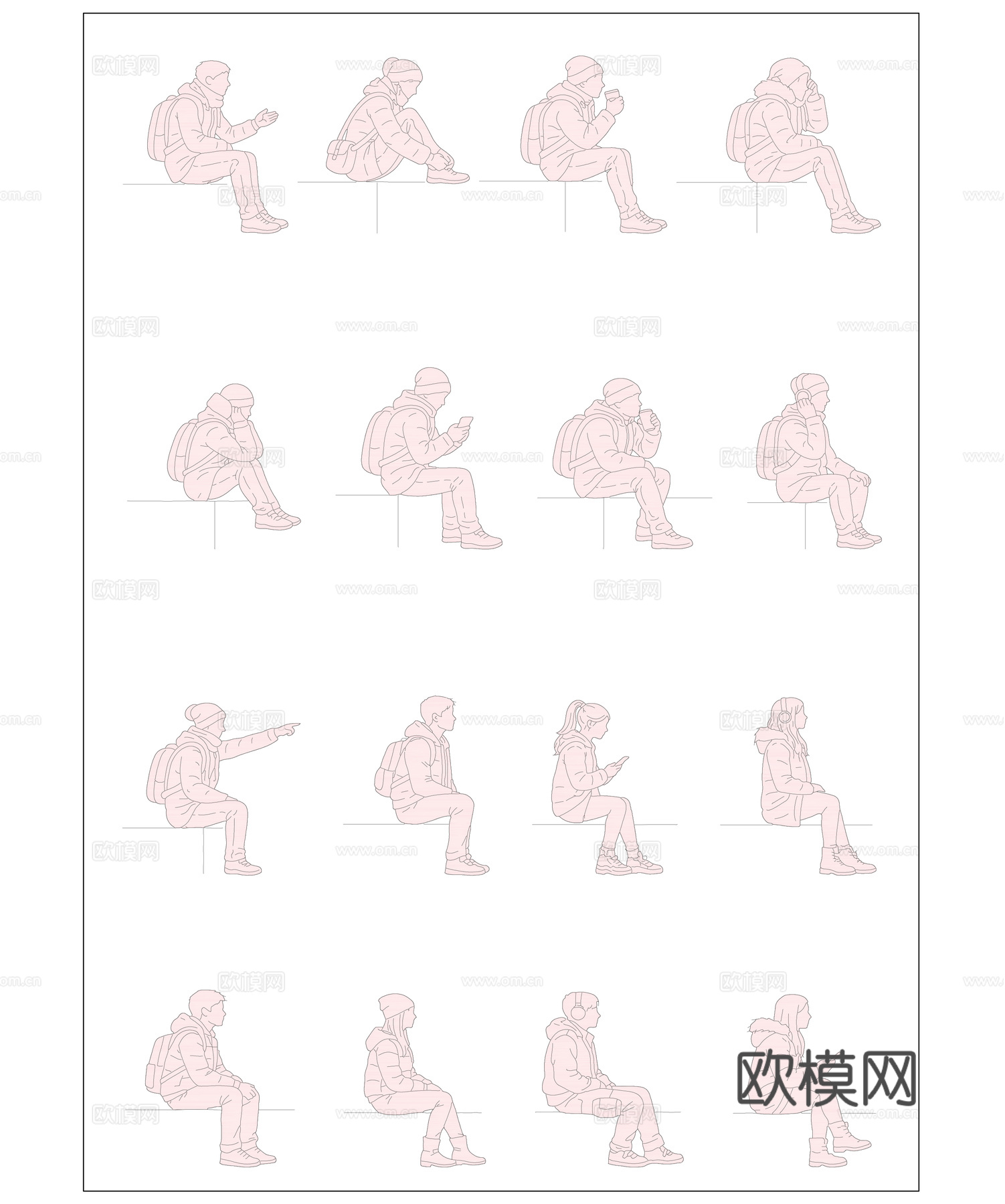 秋凉坐影 冬静坐姿 少年坐姿 暮秋闲坐 冷冬坐影cad施工图