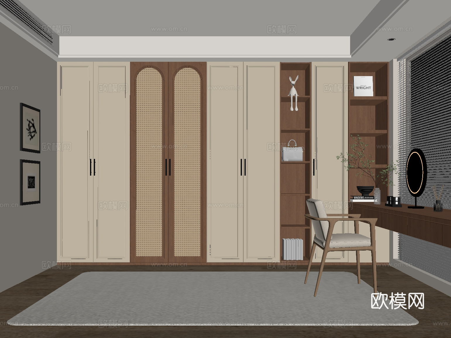 中古风衣帽间 衣柜 梳妆台su模型