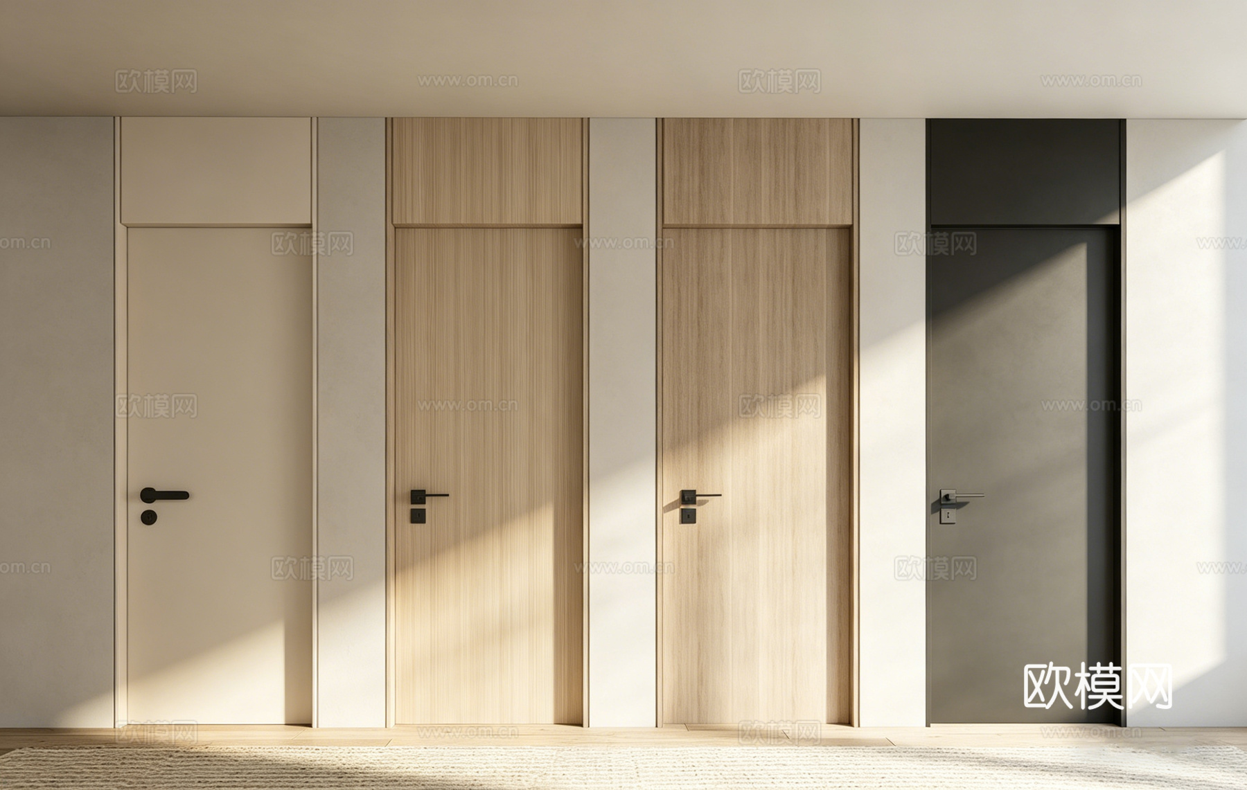 现代简约室内门 米白平板 原木 深灰色 多拉手 隐形门 隔断su模型