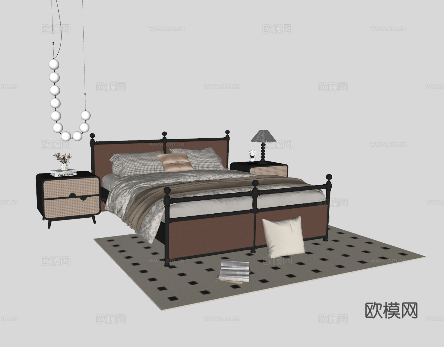 中古风双人床su模型