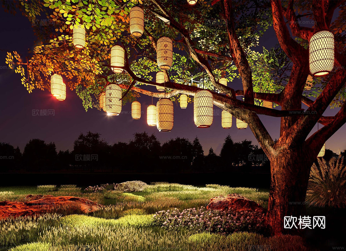 中式古树祈福树 红灯笼su模型