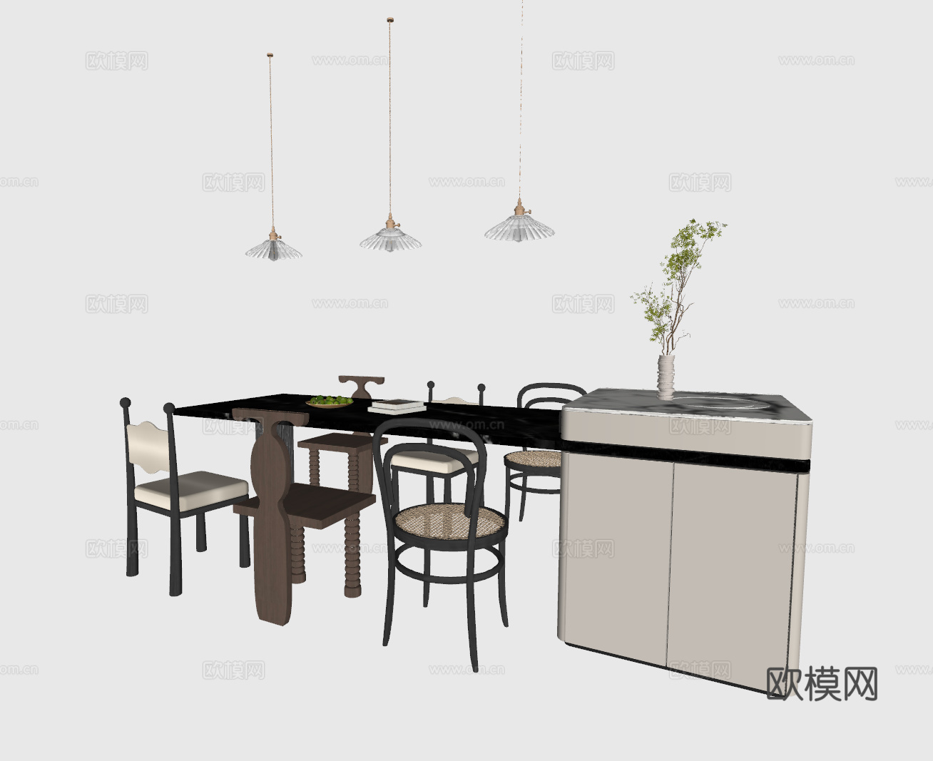 中古风岛台餐桌su模型