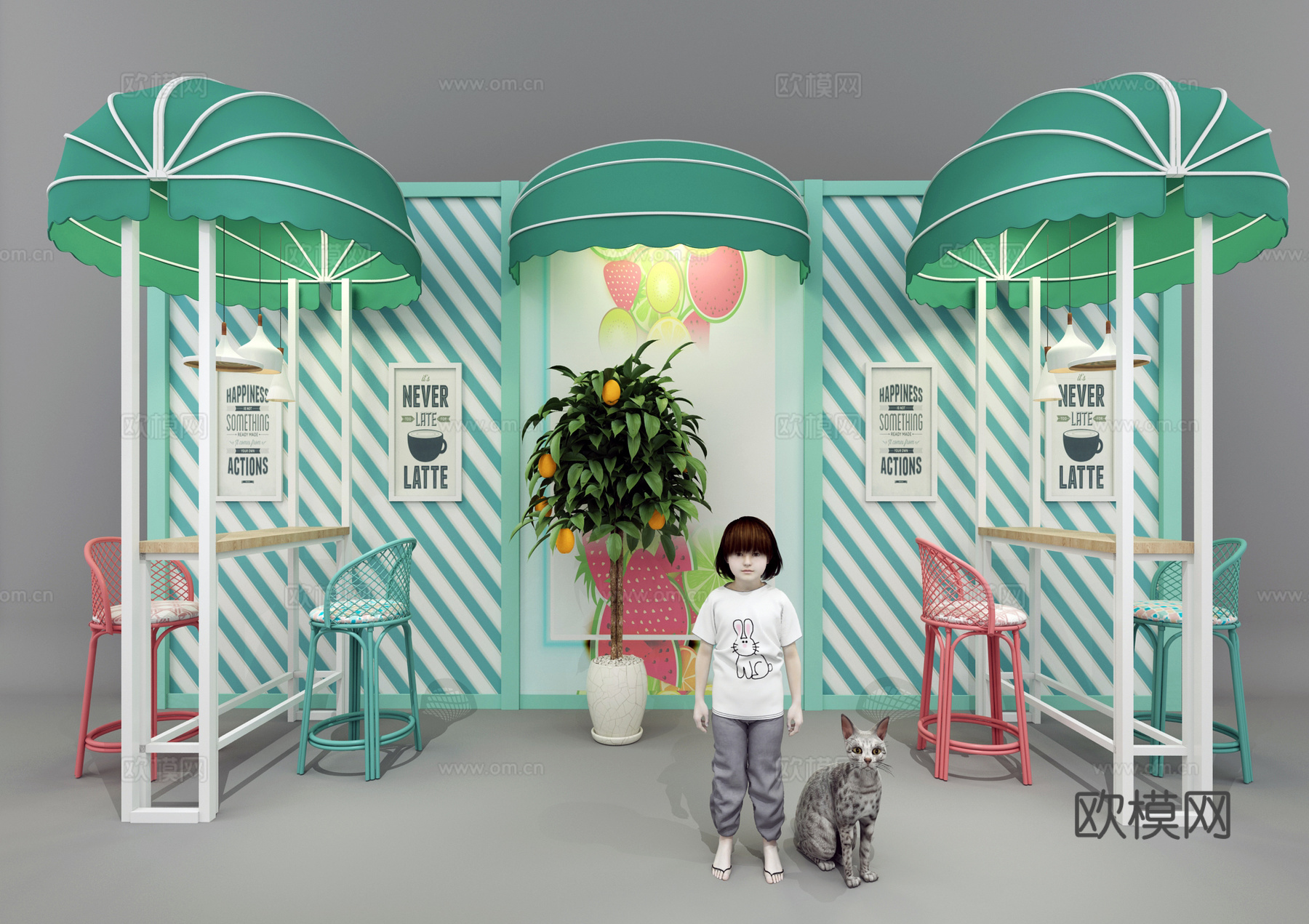 现代北欧果茶奶茶店座椅遮阳棚儿童猫仔3d模型