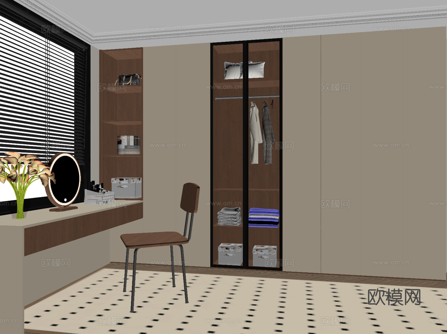 现代中古风衣柜 梳妆台 一体柜su模型