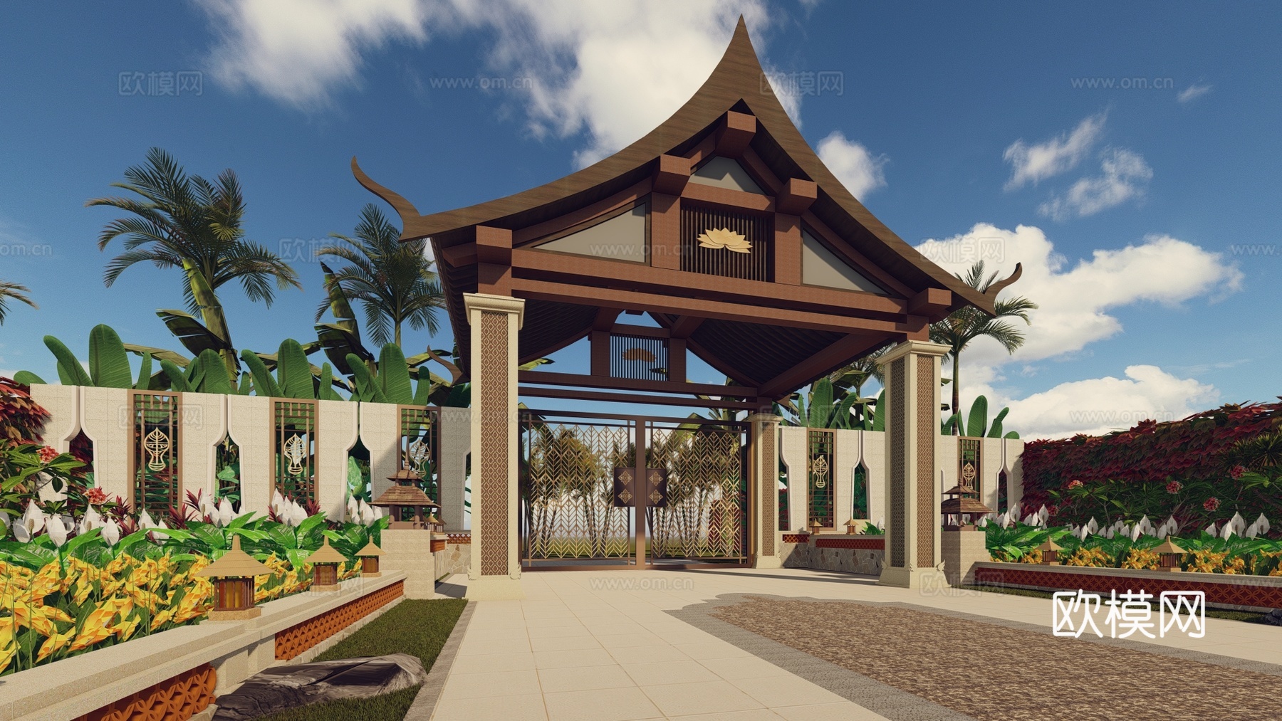 东南亚风格景观大门庭院入户门口别墅花园门精致入户院门庭院门su模型