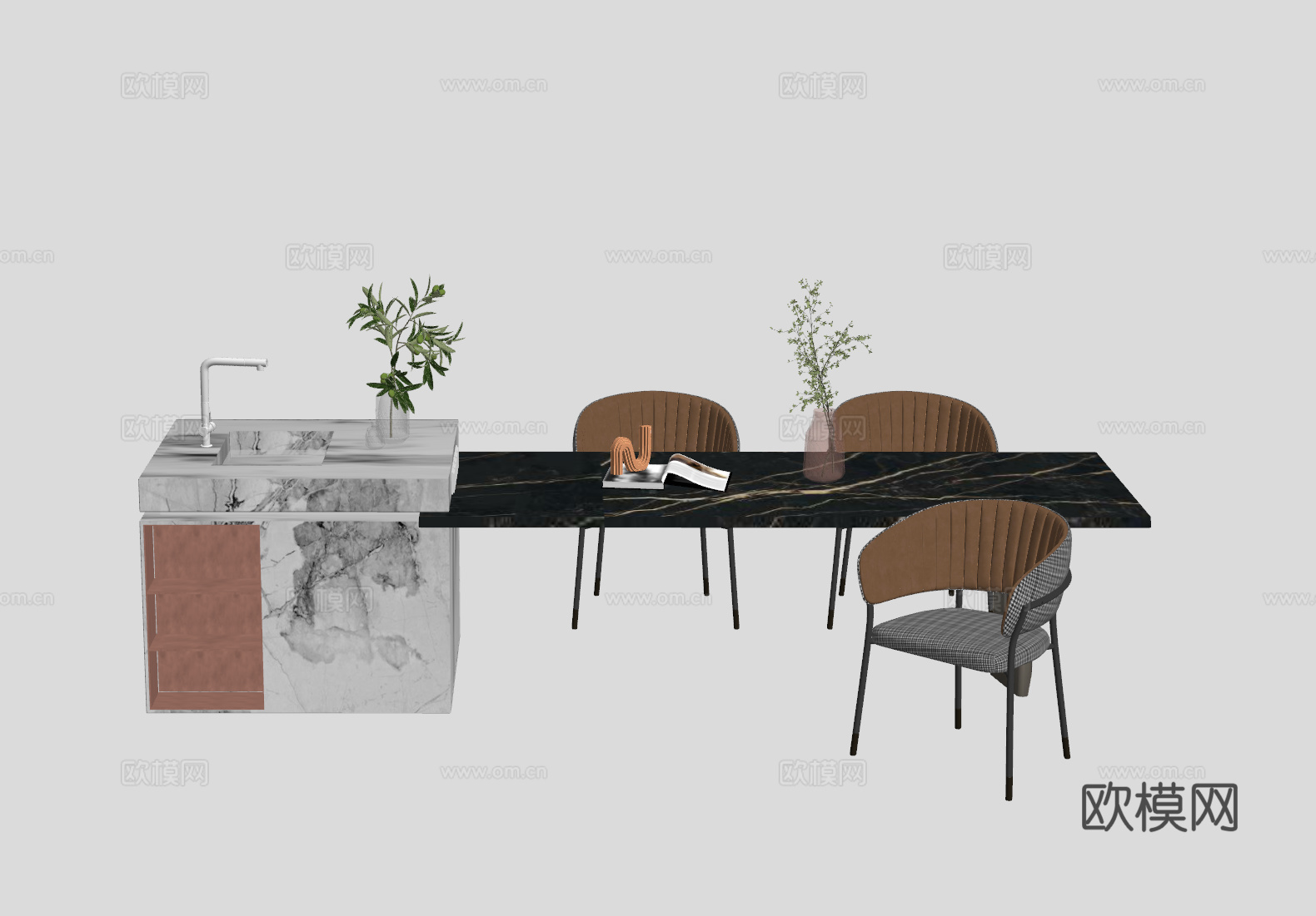 现代岛台餐桌su模型