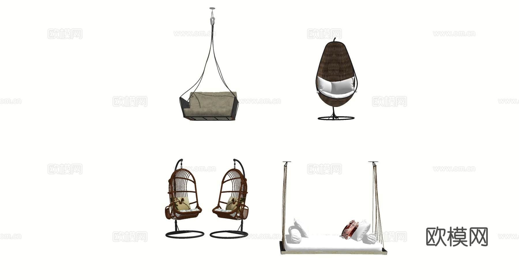 网红悬挂休闲椅 蛋形吊篮 藤编椅 秋千床 方框椅 吊椅模型su模型