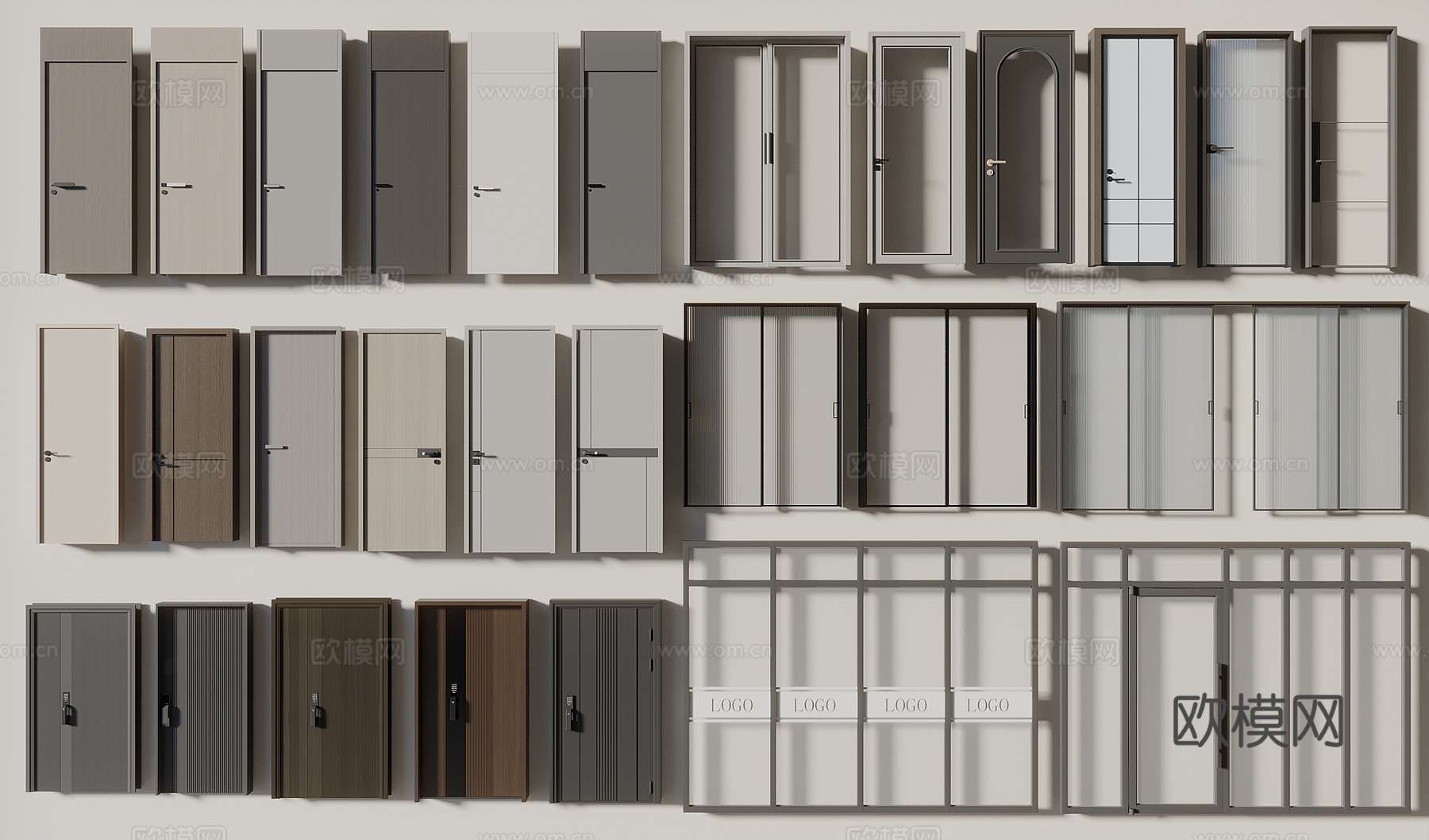 现代单开门 玻璃门 入户门 推拉门 木门 平开门 子母门3d模型