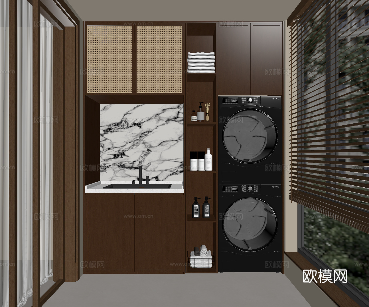 中古风家居阳台 洗衣机柜 阳台柜su模型