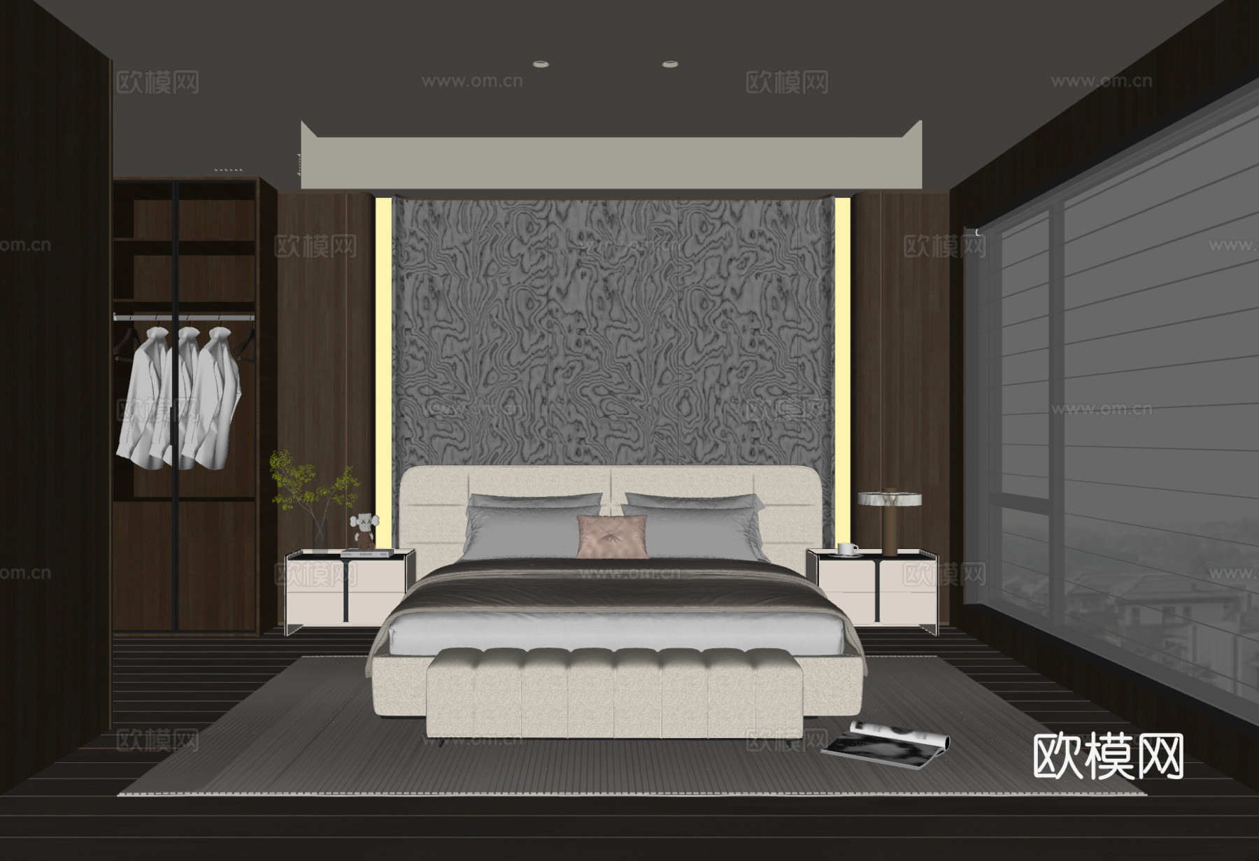 意式轻奢卧室 布艺双人床 床头柜 地毯su模型