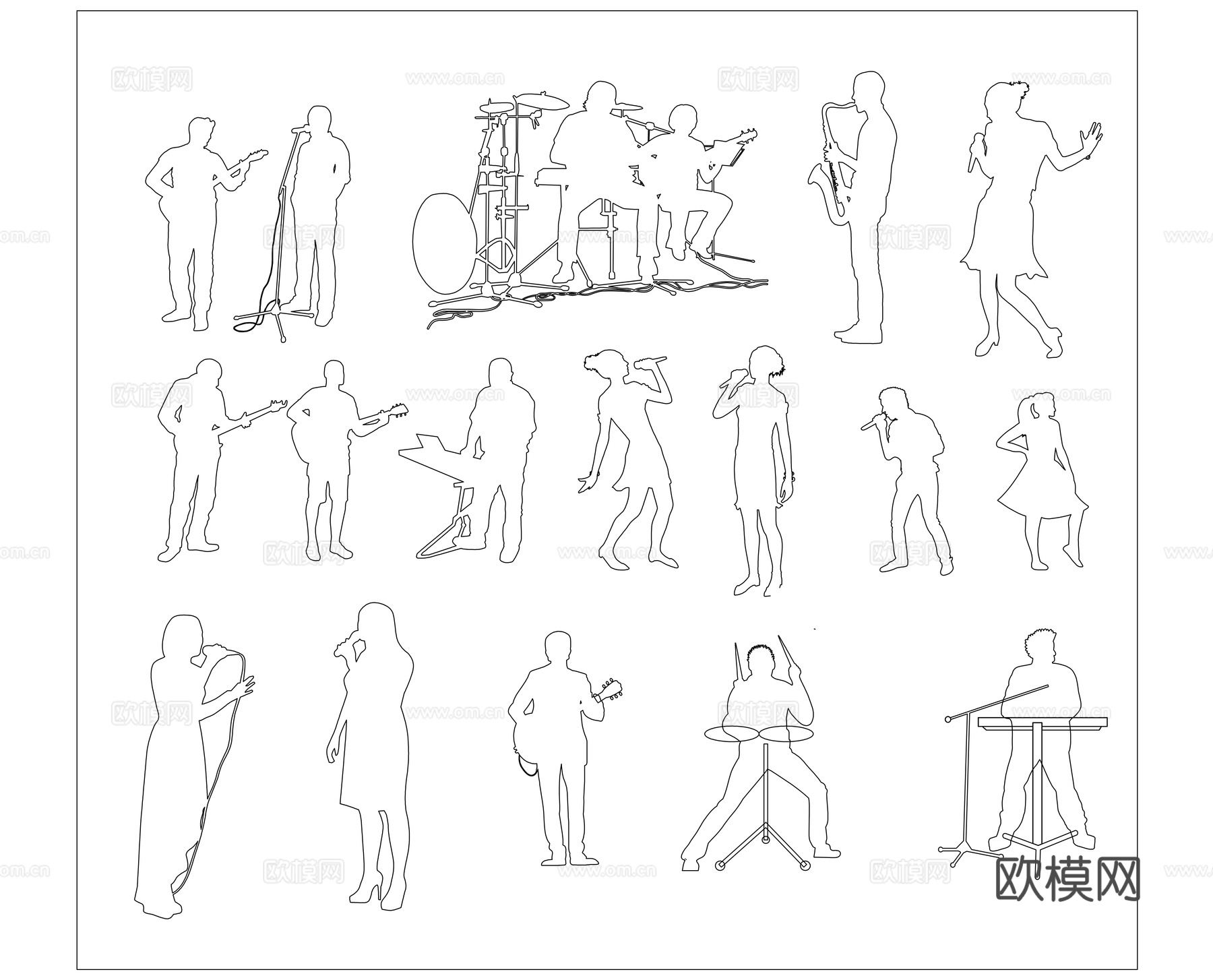 乐者剪影 音乐人影 演奏侧影 歌者轮廓 乐手剪影cad施工图