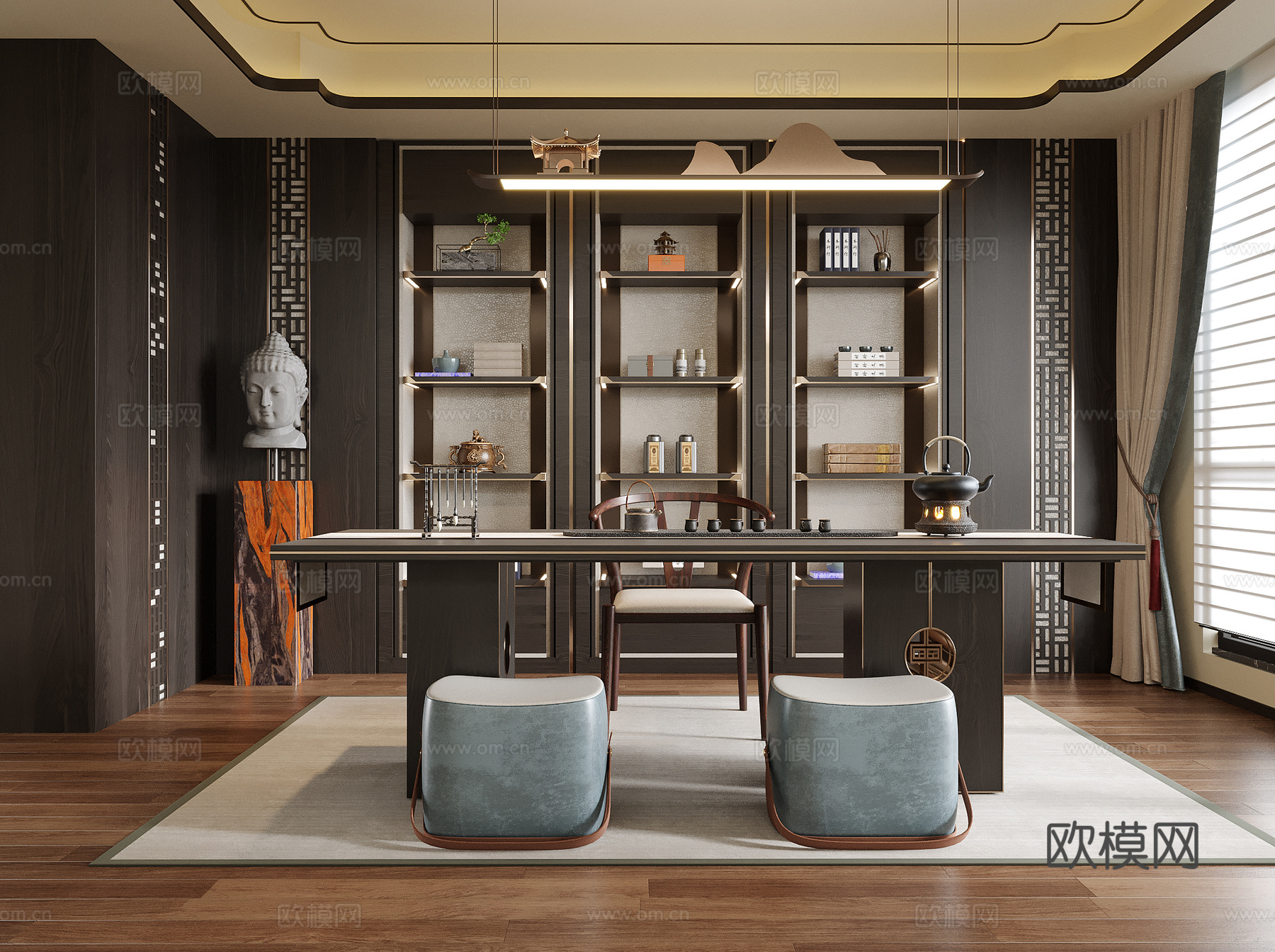新中式茶室 书房 书桌椅 茶桌椅su模型
