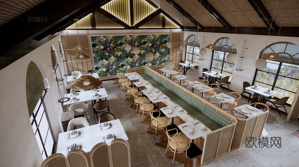 现代风格酒店餐厅 卡座 餐桌椅 自助餐厅su模型