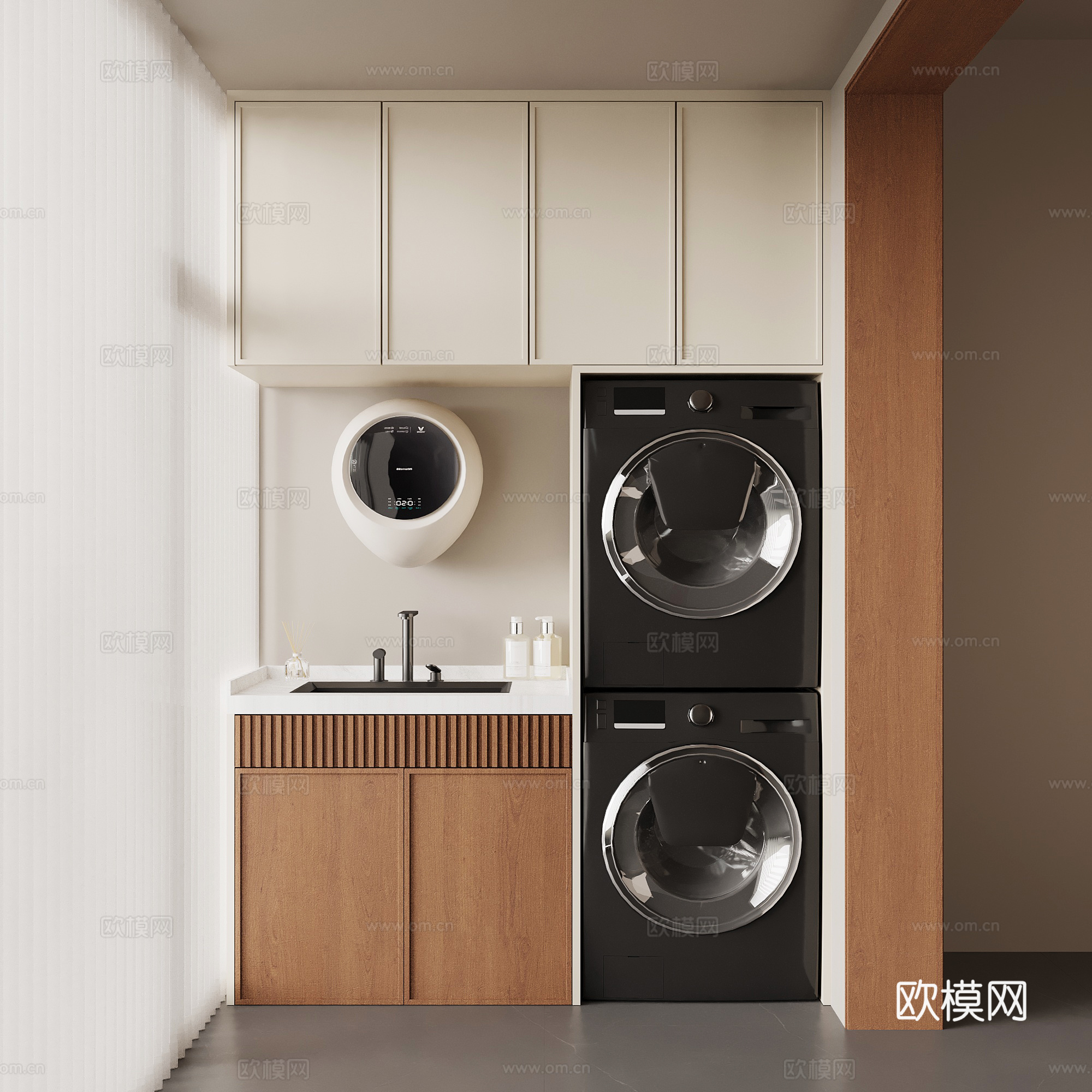 中古风家居阳台 洗衣机柜 阳台柜su模型