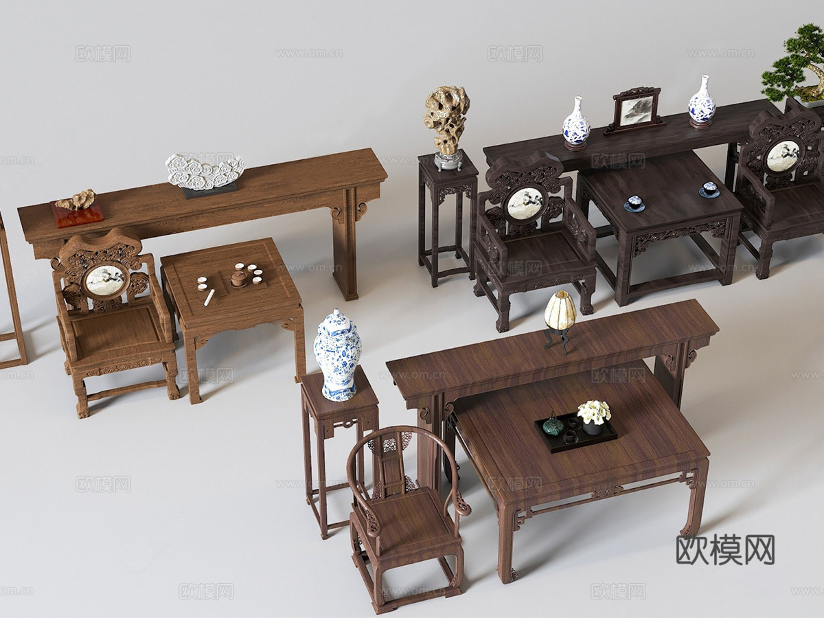 中式茶桌椅 中式中堂桌椅 椅子凳子su模型