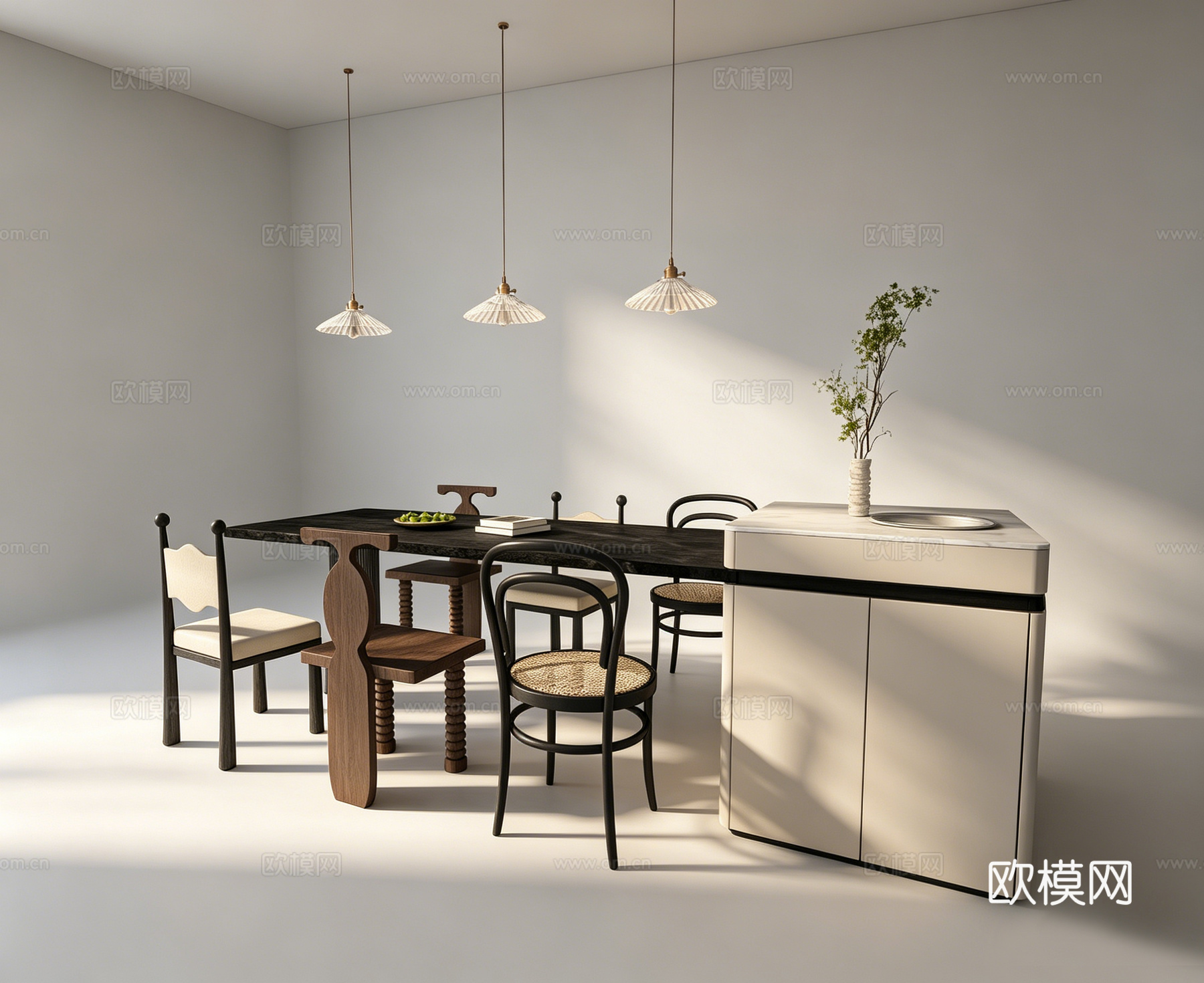 中古风岛台餐桌su模型