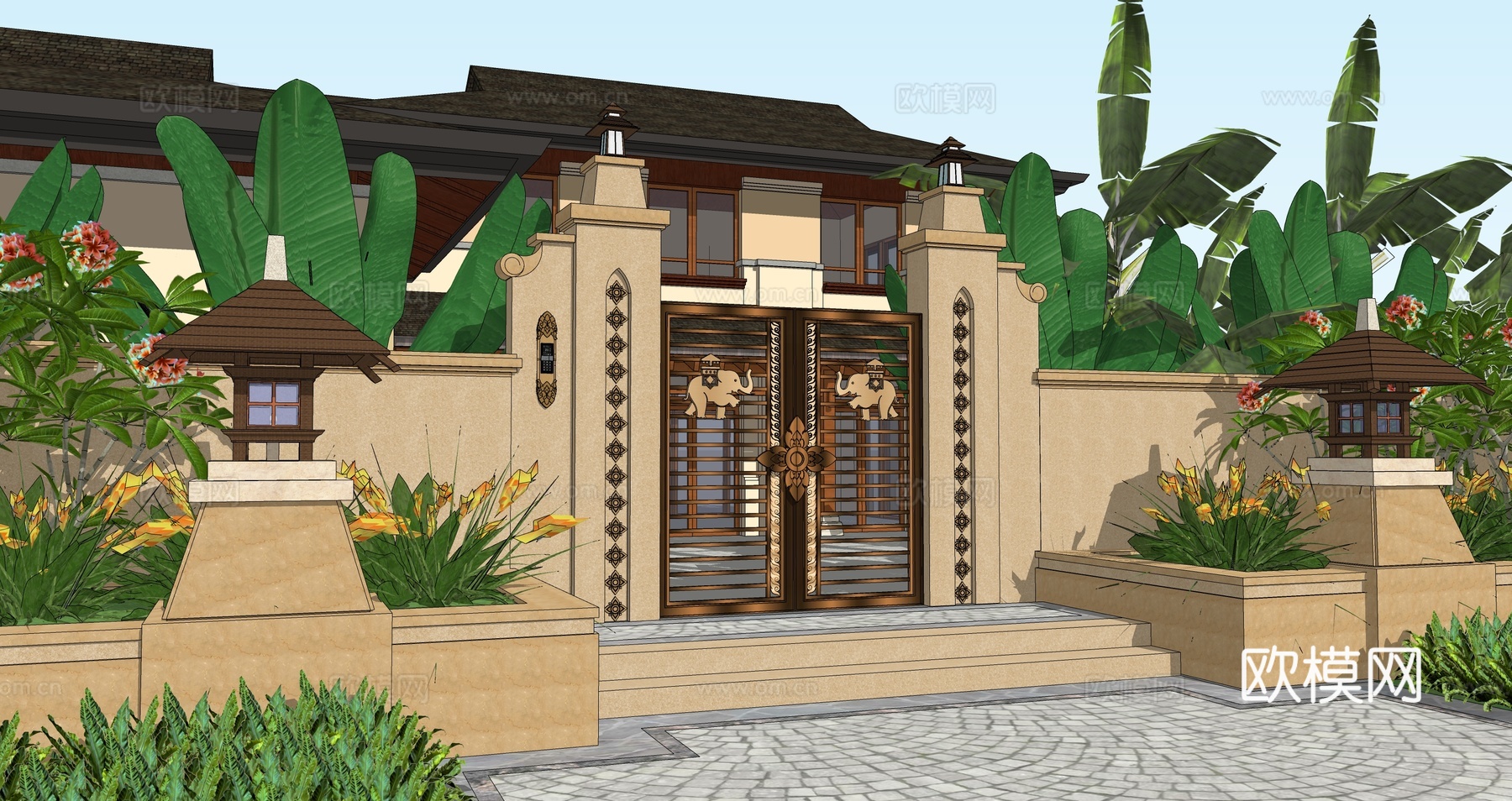 东南亚风格景观大门庭院入户门口别墅花园门精致入户院门庭院门su模型