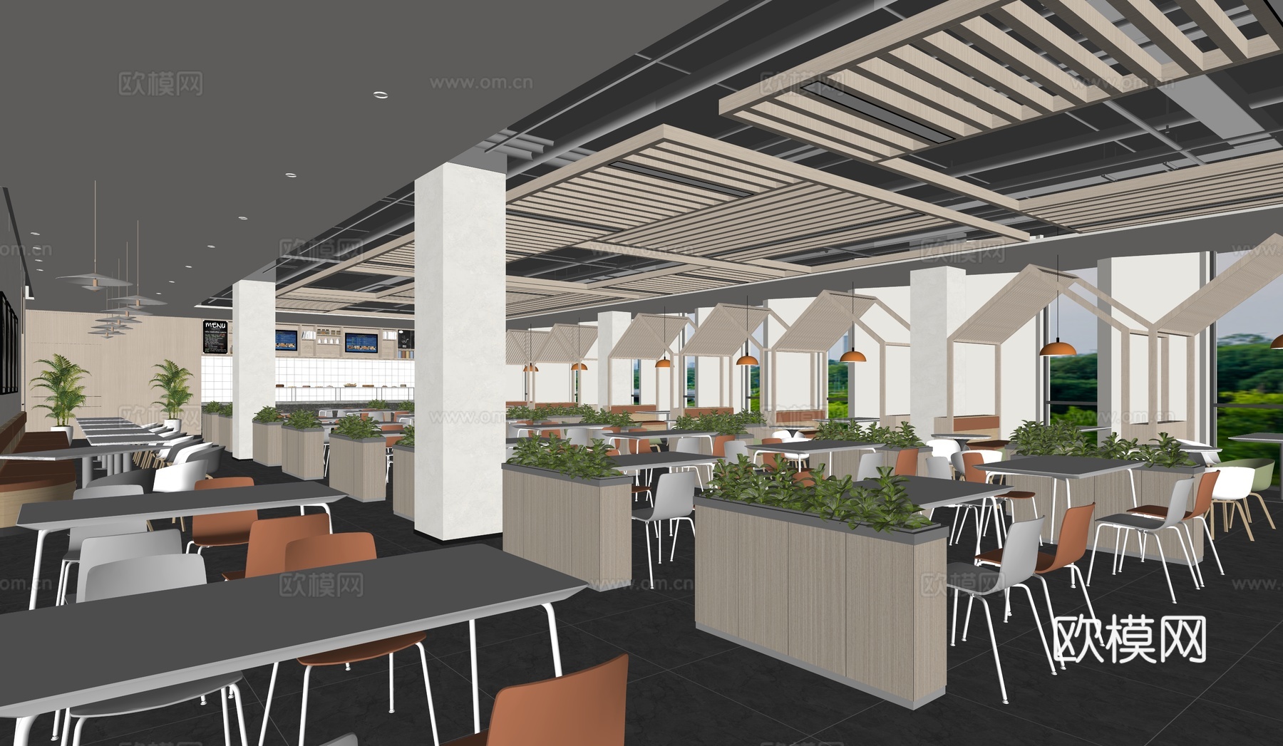 现代食堂_卡座_餐桌椅_绿植_卡座_休闲桌椅_吊灯su模型
