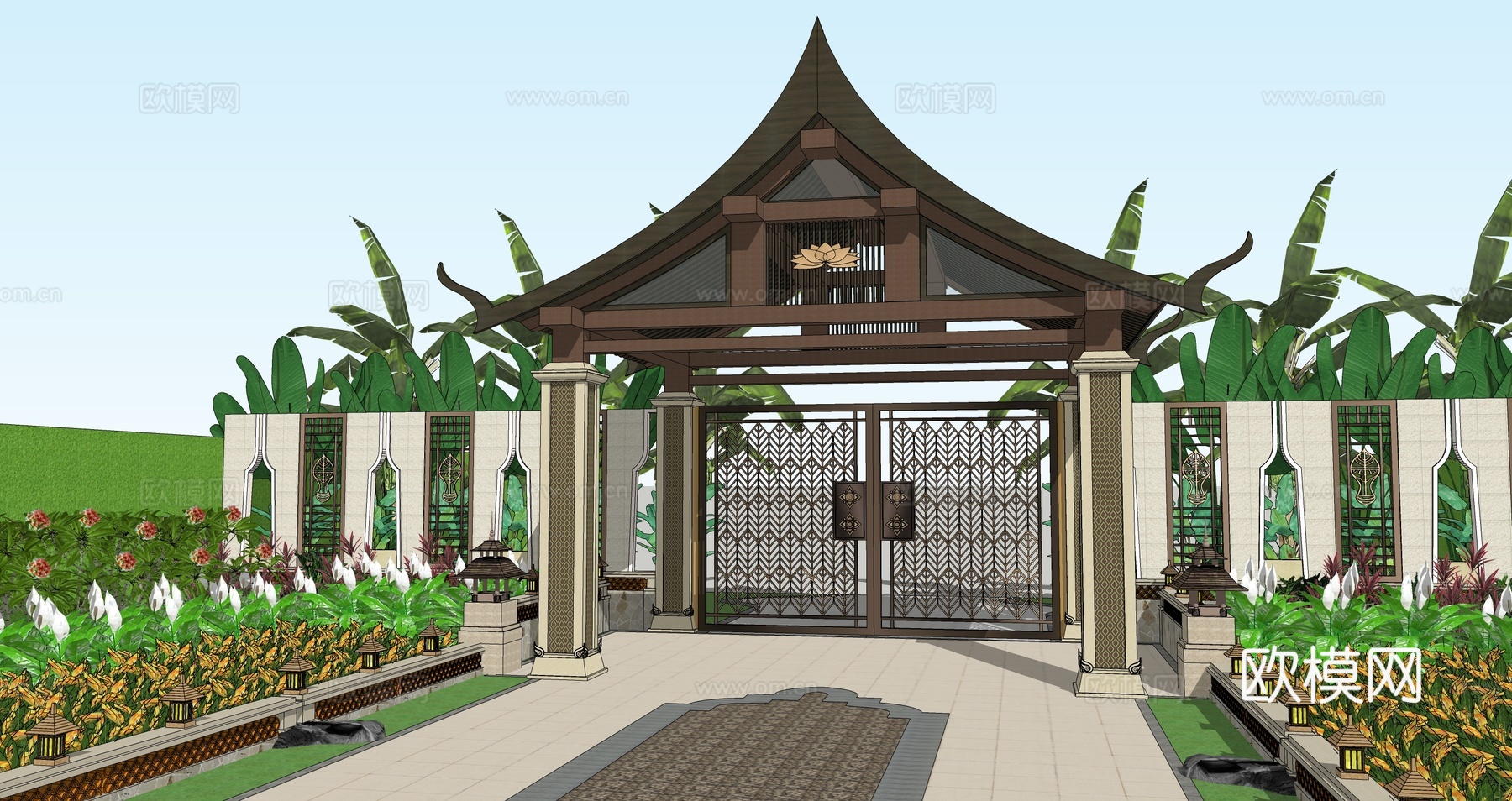 东南亚风格景观大门庭院入户门口别墅花园门精致入户院门庭院门su模型