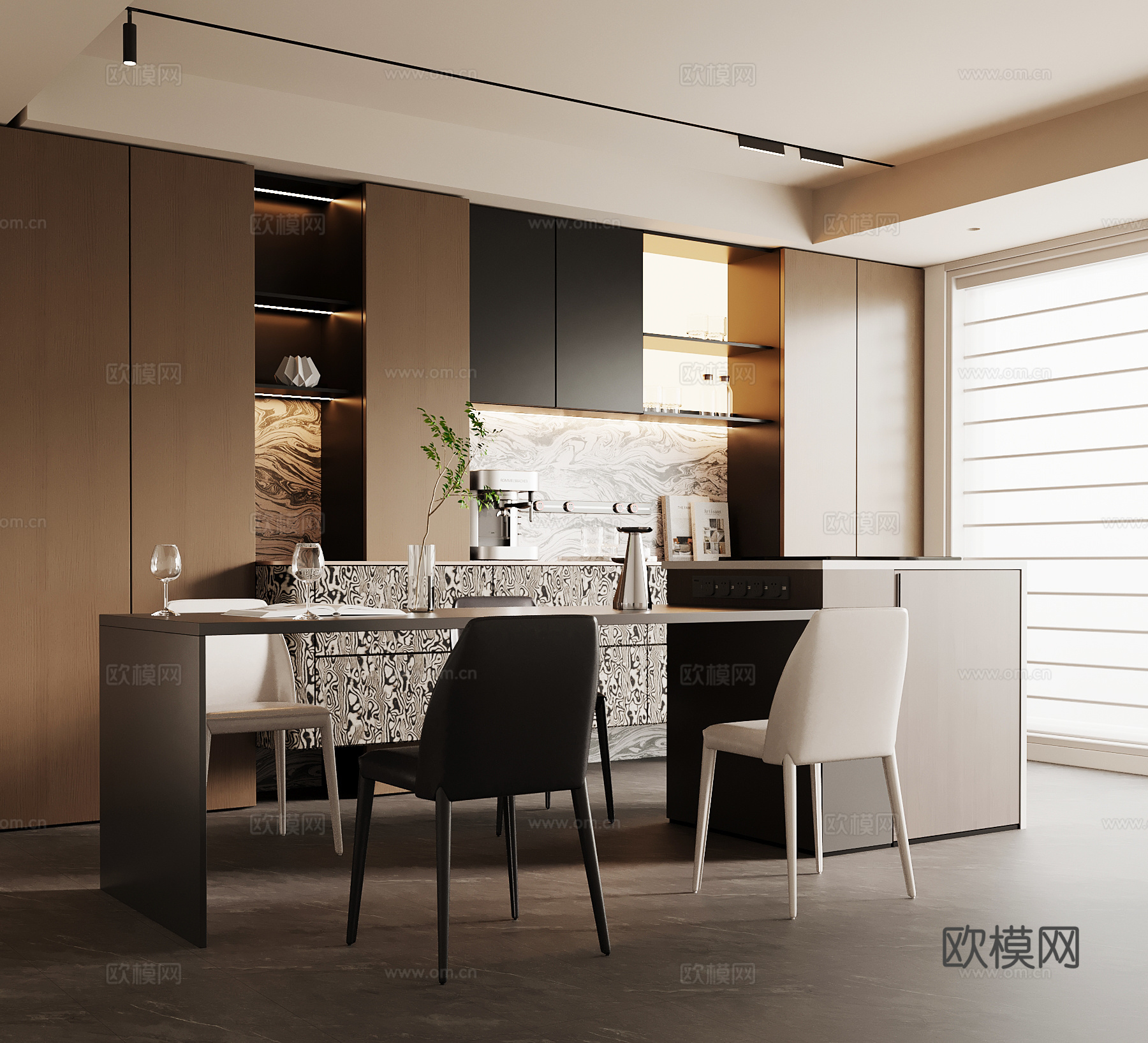 现代意式餐厅 餐桌椅 餐边柜su模型