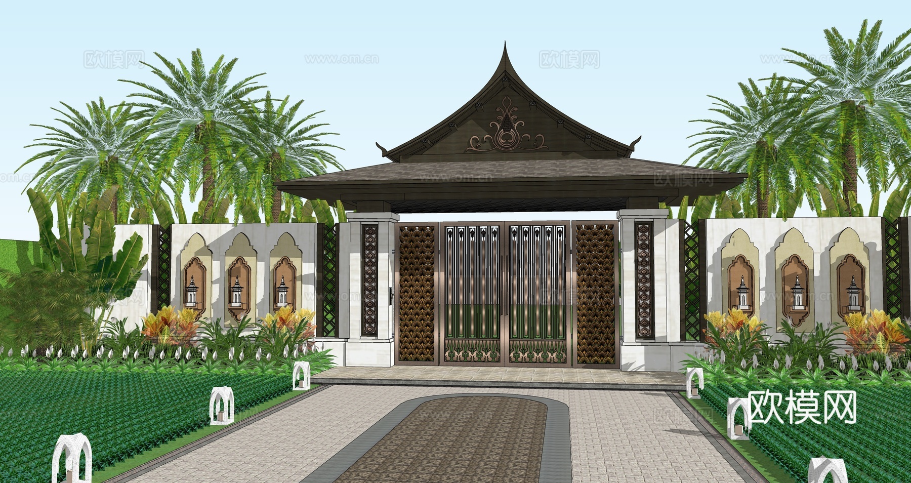 东南亚风格景观大门庭院入户门口别墅花园门精致入户院门庭院门su模型