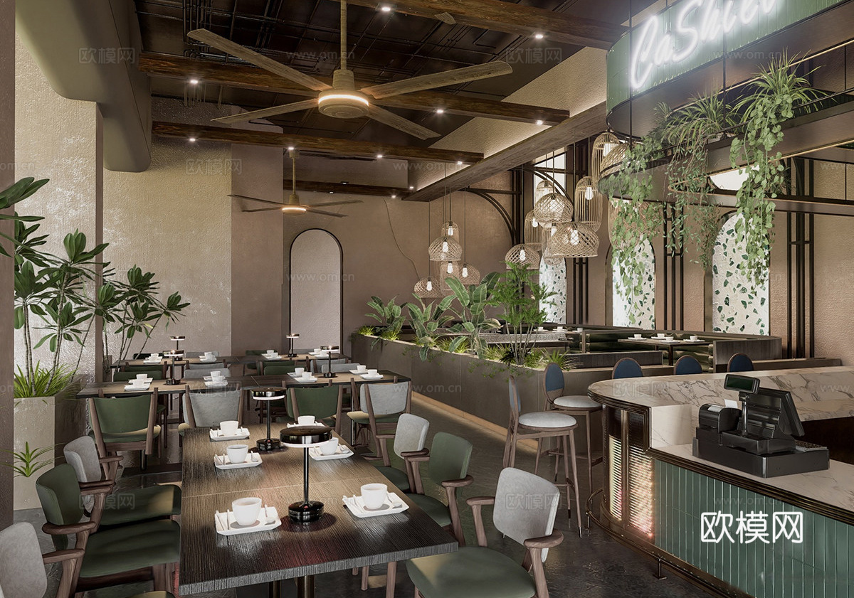 侘寂茶餐厅 中餐厅 网红餐厅 餐桌椅组合 前台吧台su模型