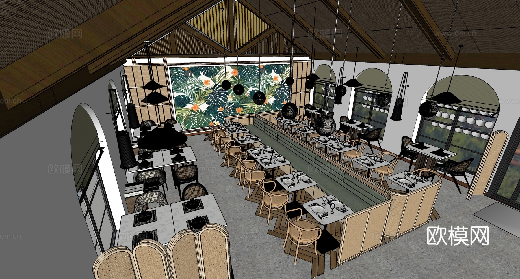 现代风格酒店餐厅 卡座 餐桌椅 自助餐厅su模型