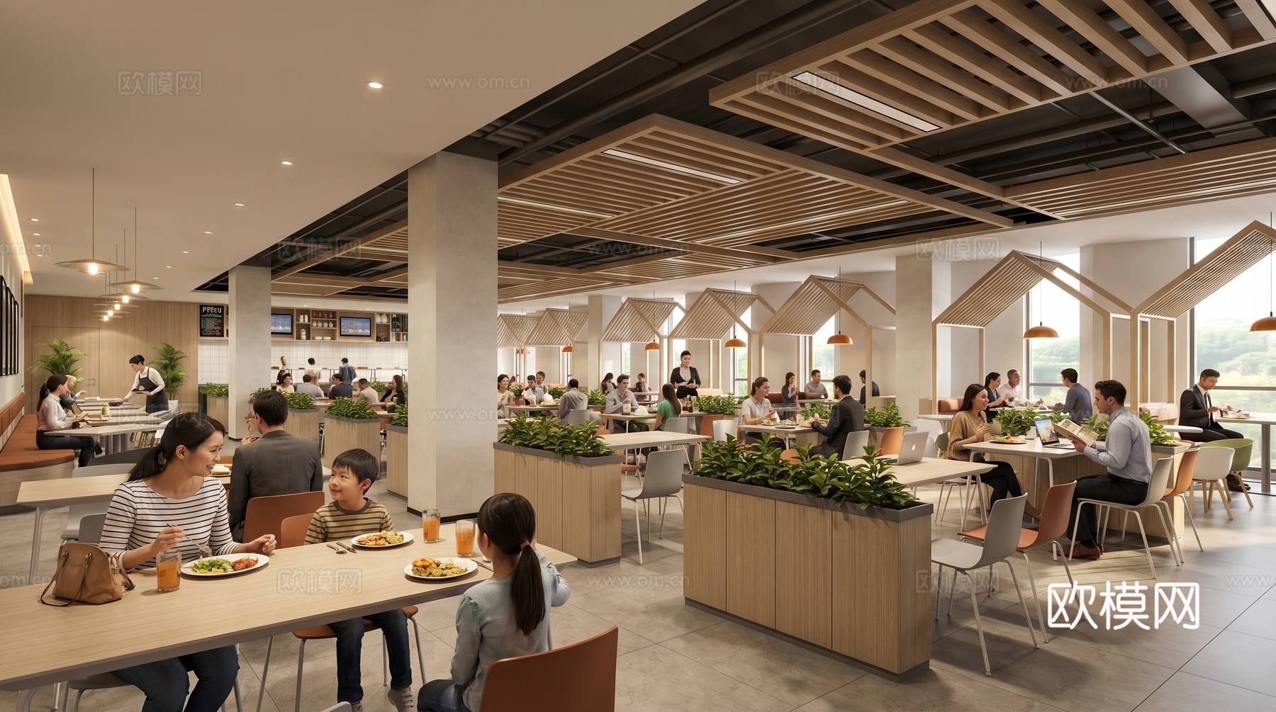 现代食堂_卡座_餐桌椅_绿植_卡座_休闲桌椅_吊灯su模型