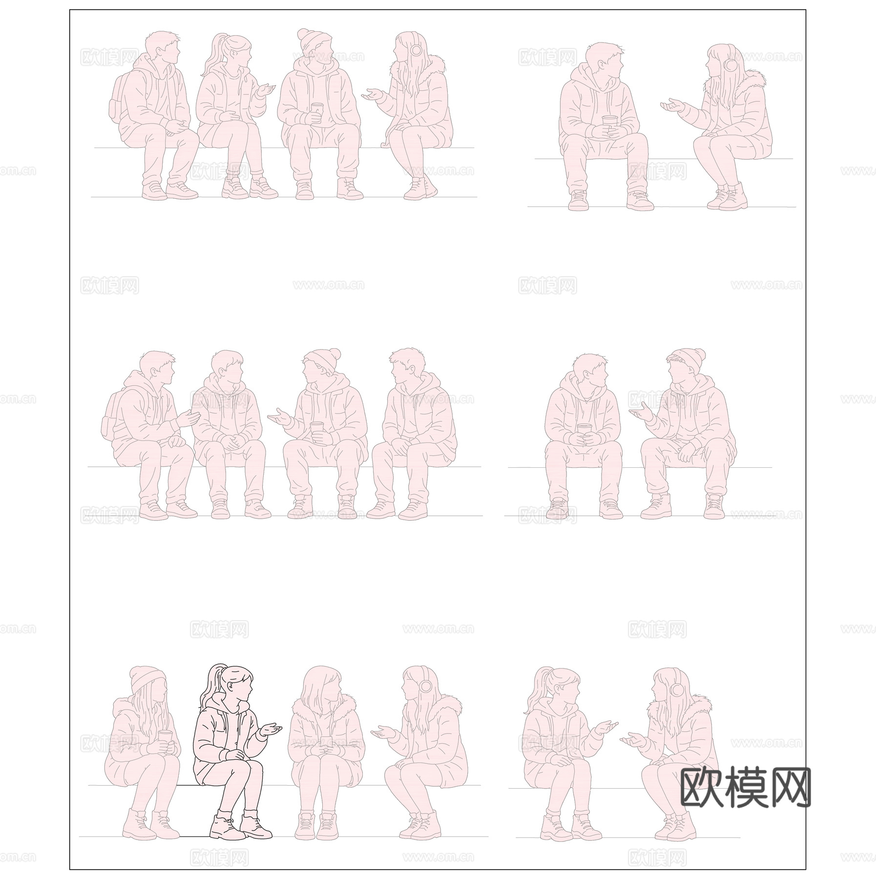 秋寒坐影 冬寂坐姿 暮秋静坐 凉秋闲坐 冷冬坐姿cad施工图