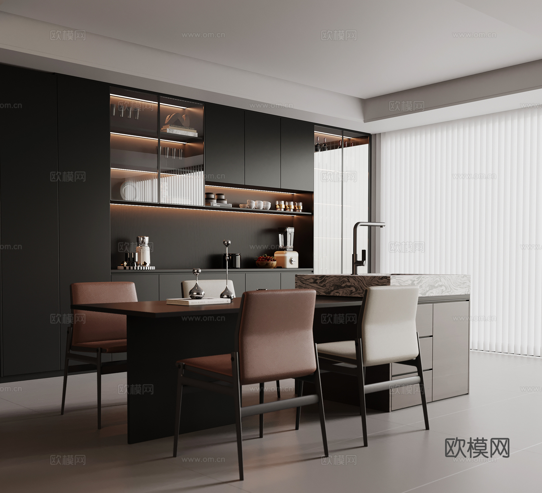 现代意式餐厅 餐桌椅 餐边柜su模型