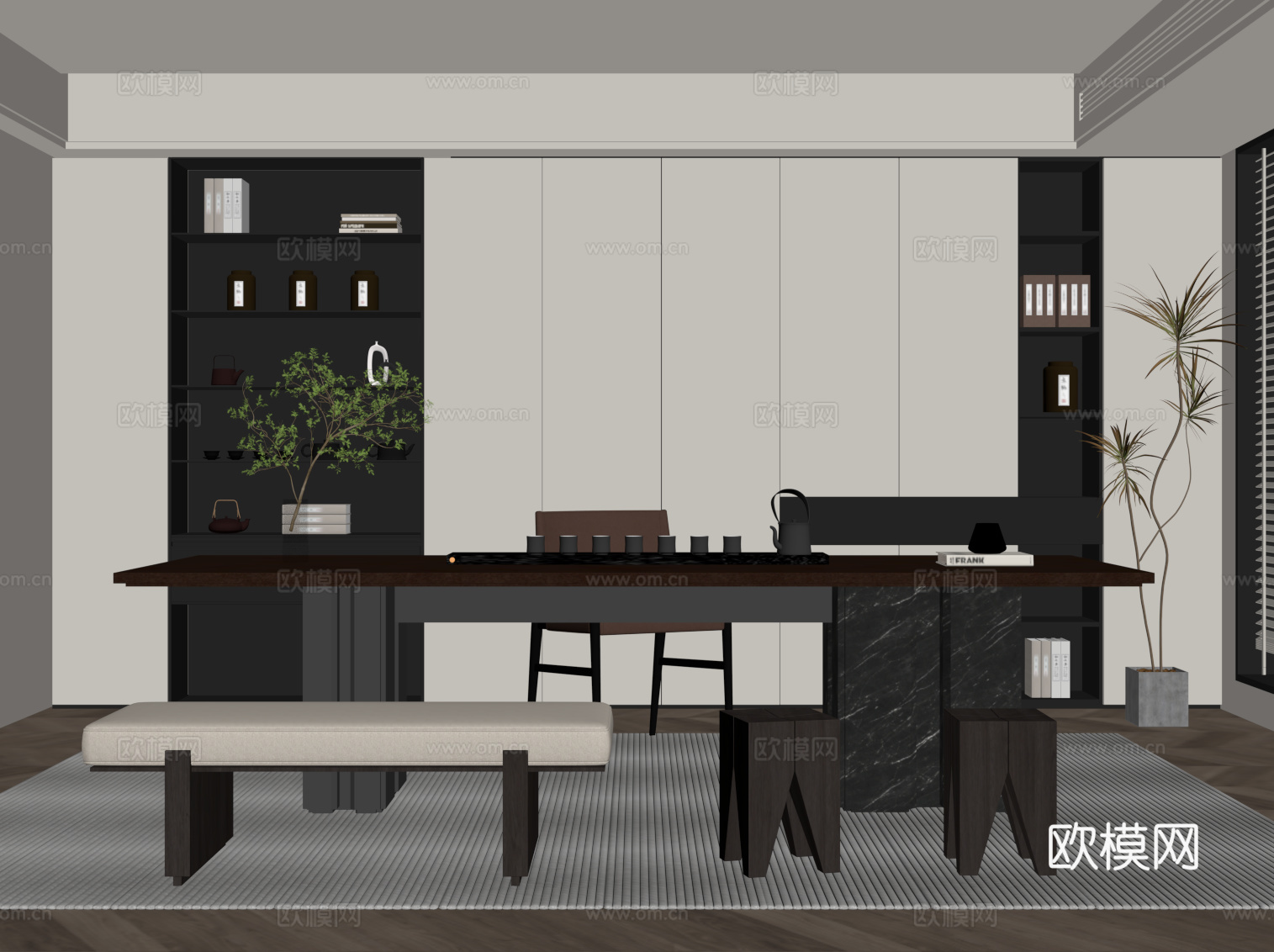 现代茶室 茶桌椅 茶柜su模型