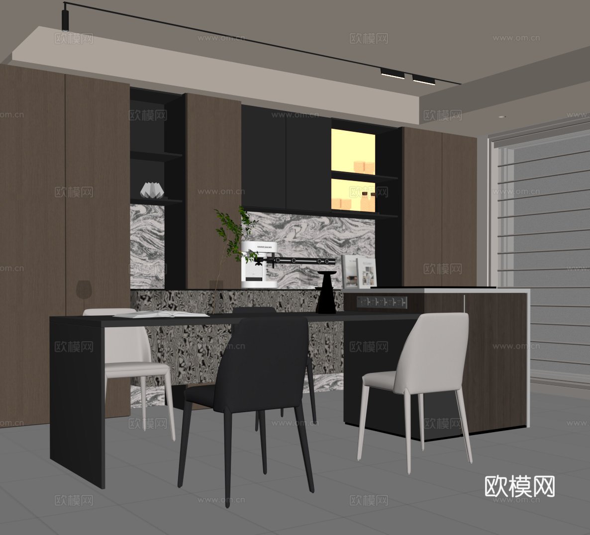 现代意式餐厅 餐桌椅 餐边柜su模型