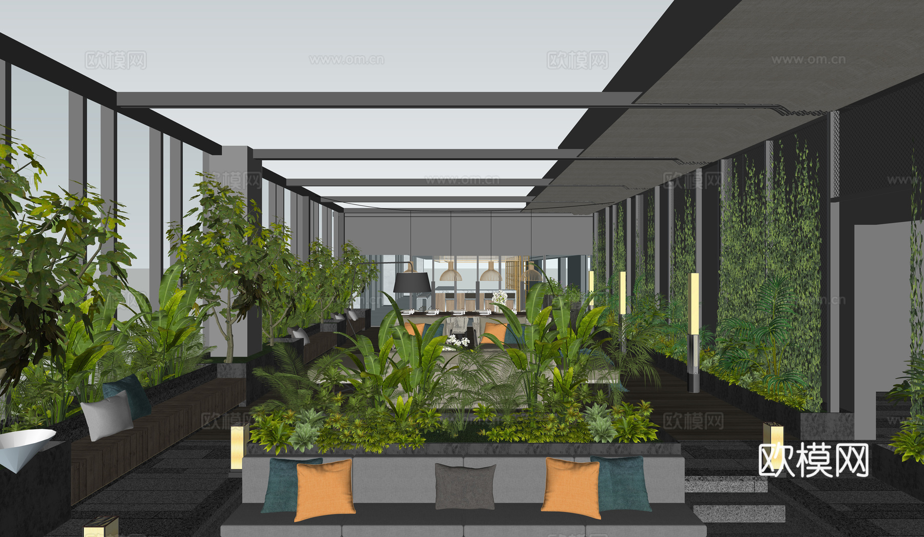 阳光房全案设计会所户外景观会客厅餐厅su模型