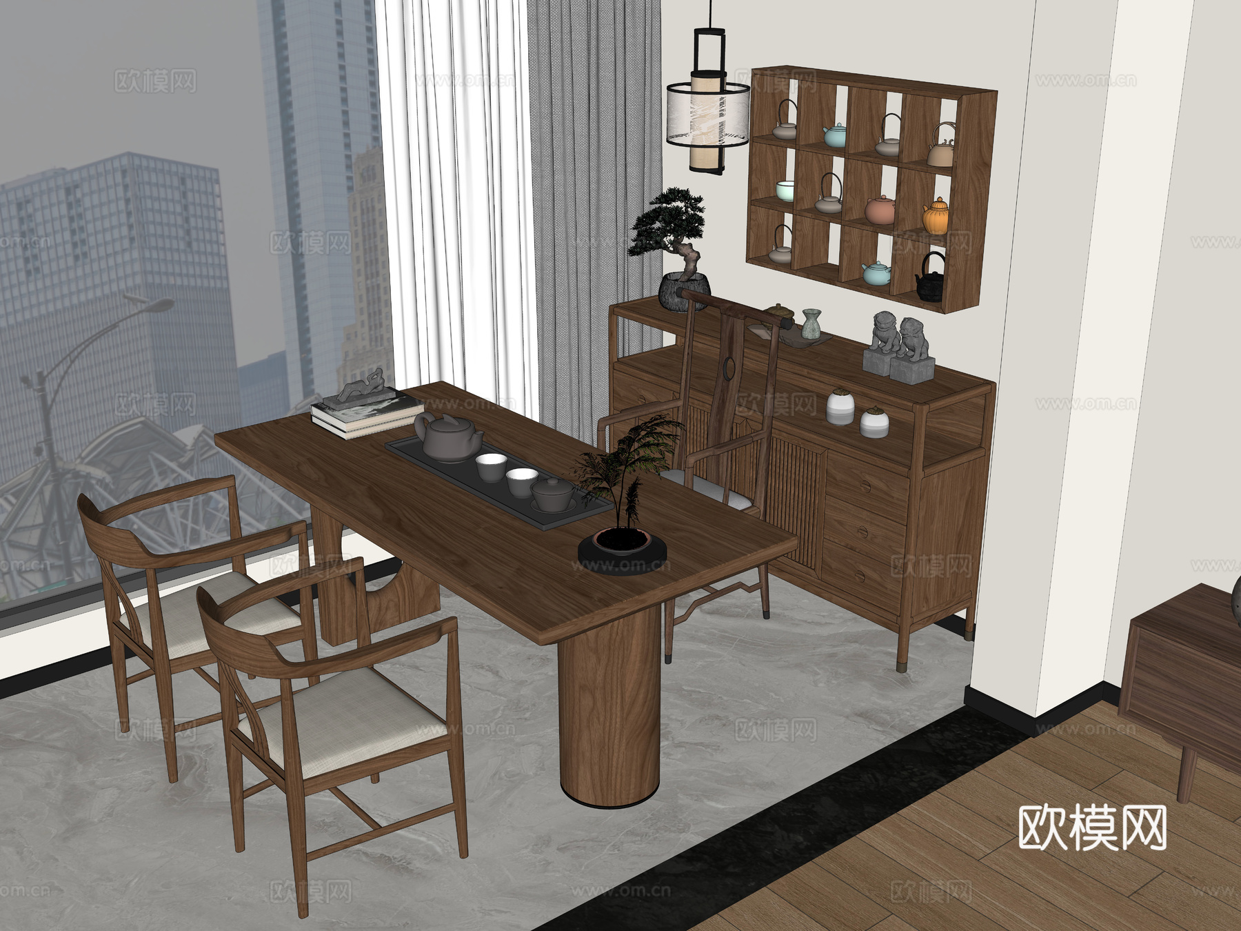 新中式茶桌椅组合 实木茶桌 阳台茶桌椅 装饰茶水柜su模型