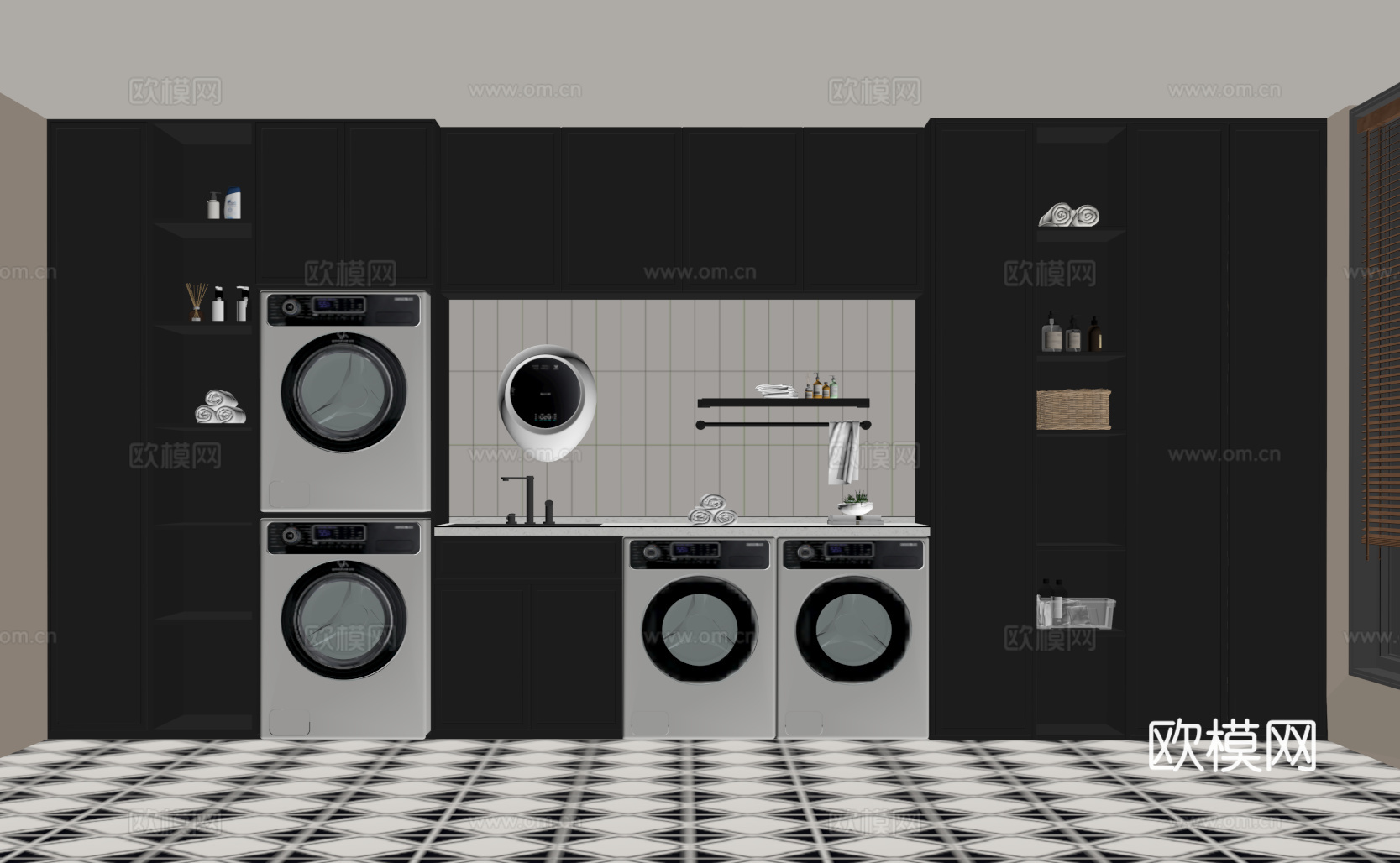 法式洗衣房 洗衣机柜su模型