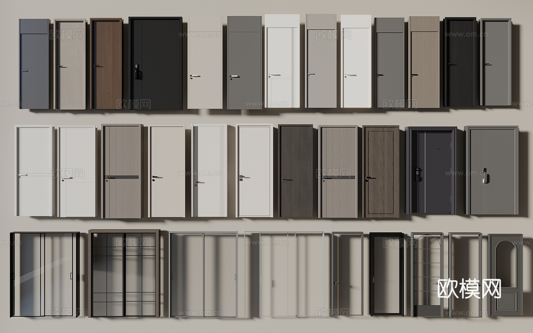 现代单开门 玻璃门 入户门 推拉门 木门 平开门 子母门3d模型