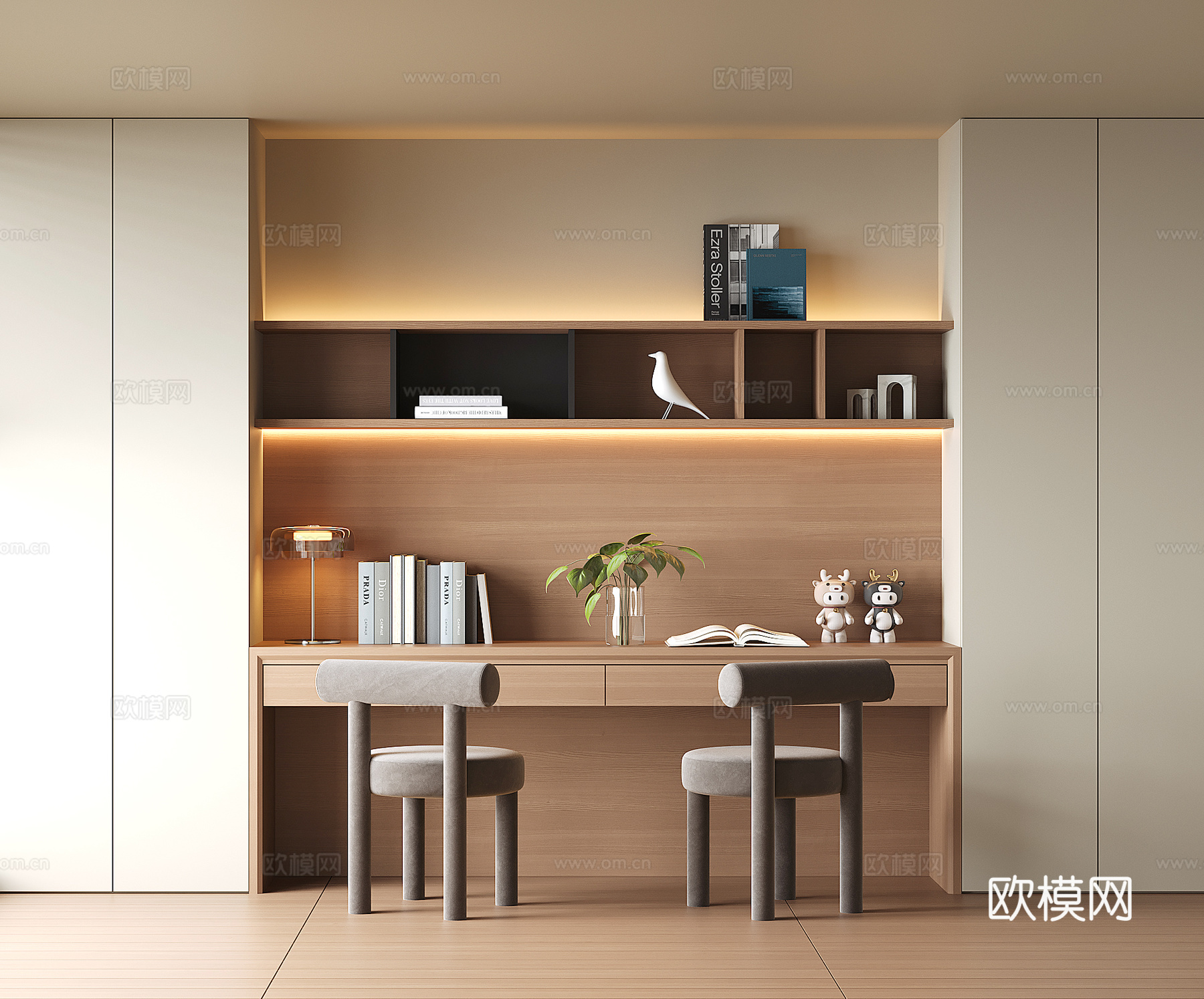 现代书桌一体柜su模型