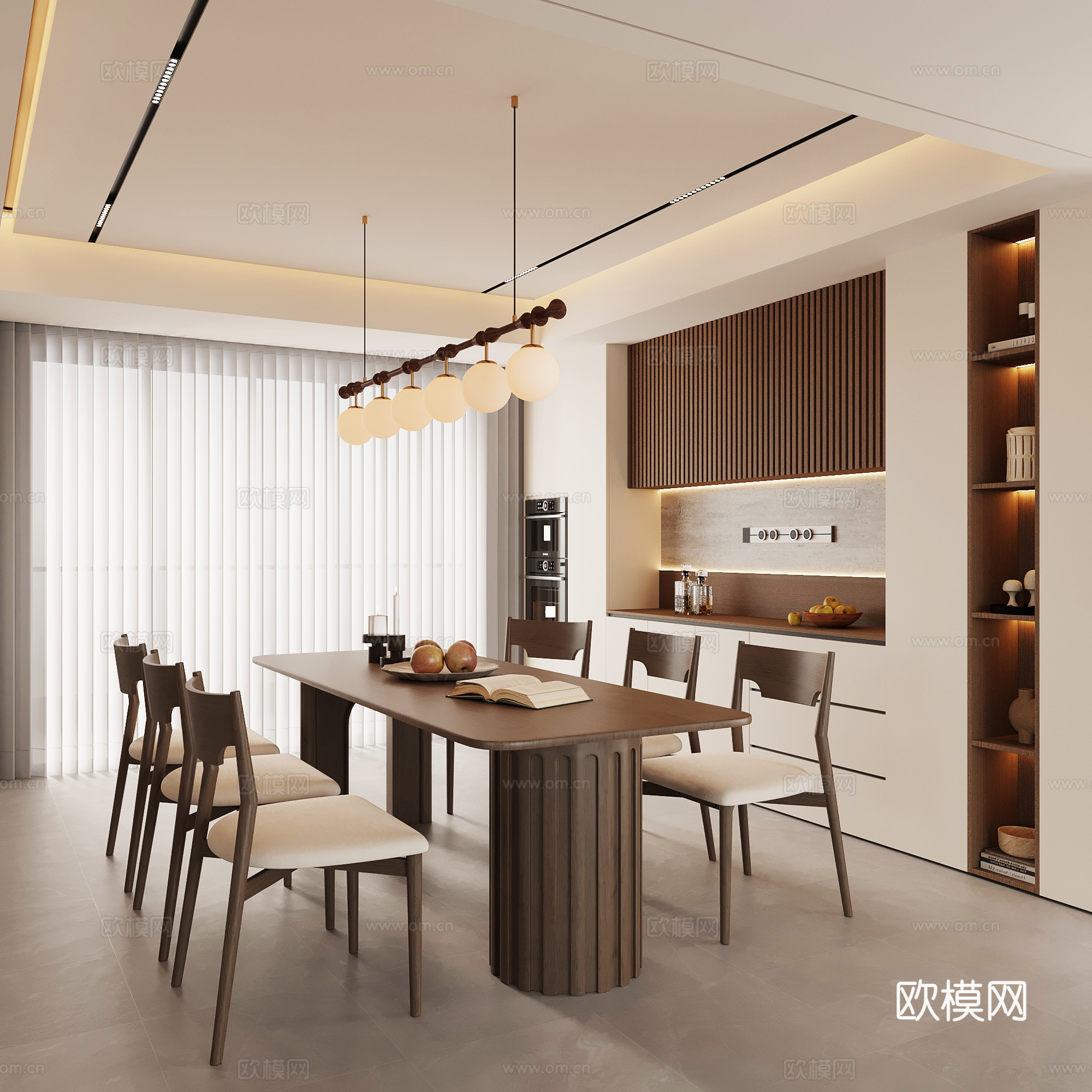 现代中古餐厅 餐桌椅 餐边柜su模型