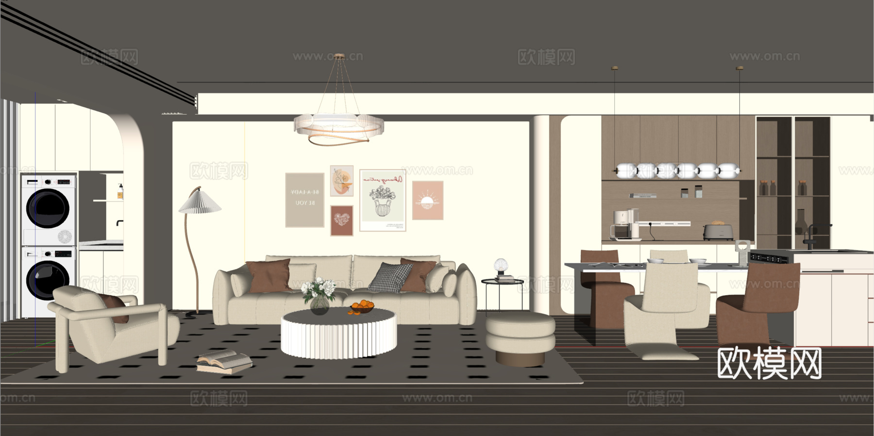 奶油风客餐厅 沙发茶几 餐桌椅 酒柜 吊灯 挂画 地毯su模型