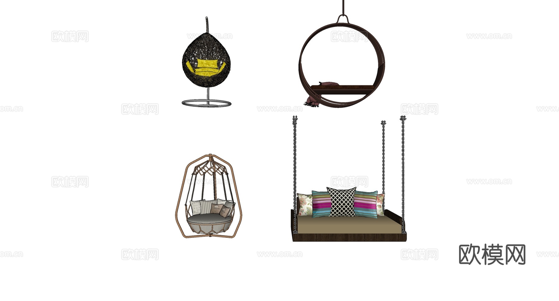 创意悬挂吊椅秋千 藤编蛋形 金属圆框 几何框架 木质平板 创su模型