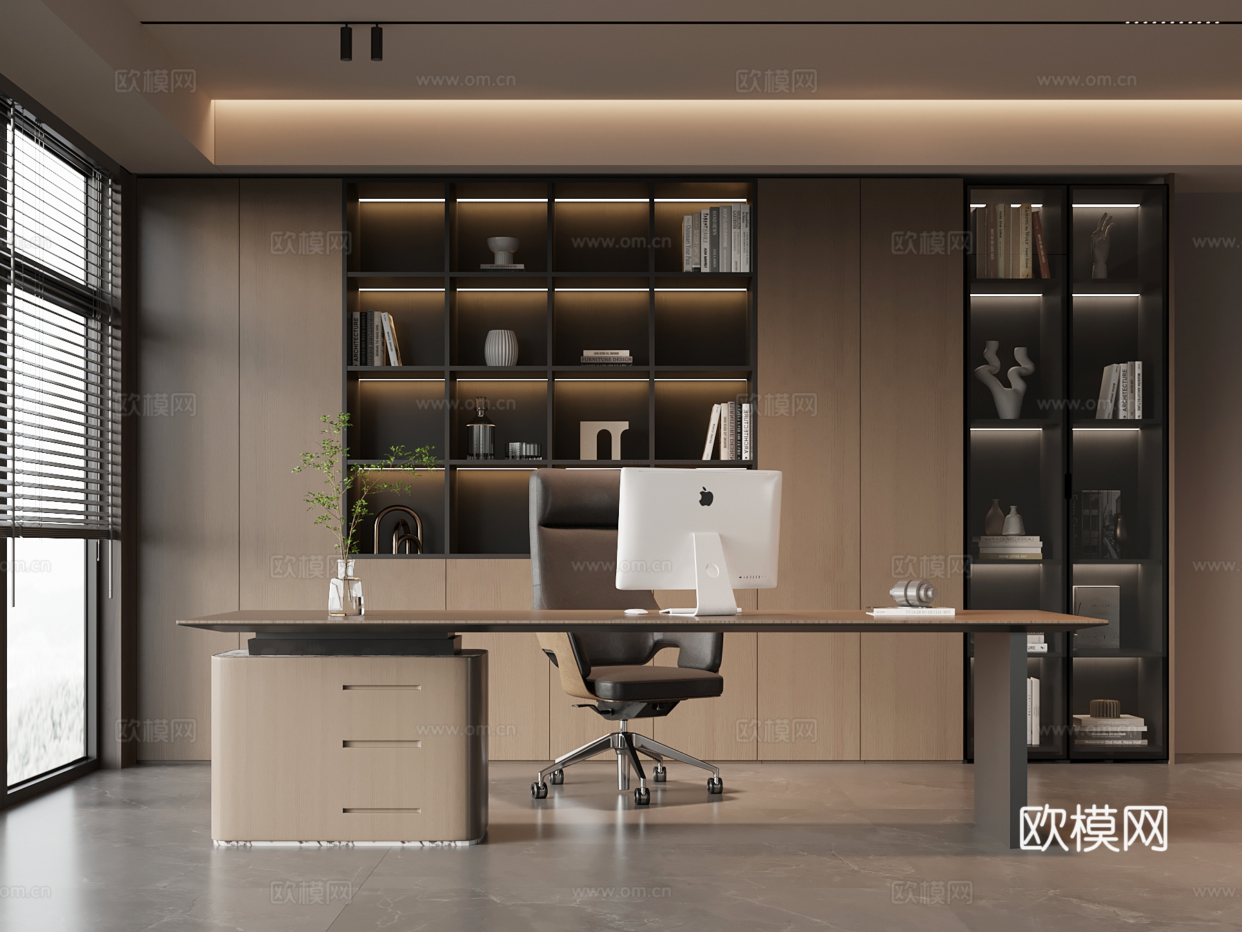 现代意式书房 书柜 书桌椅su模型