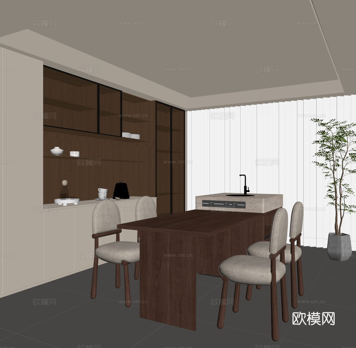 现代中古餐厅 餐桌椅 餐边柜 中古风岛台su模型