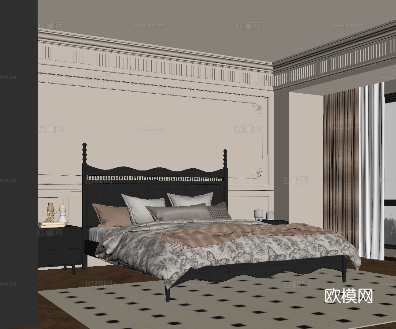 法式复古风卧室 双人床 床头柜 衣柜su模型
