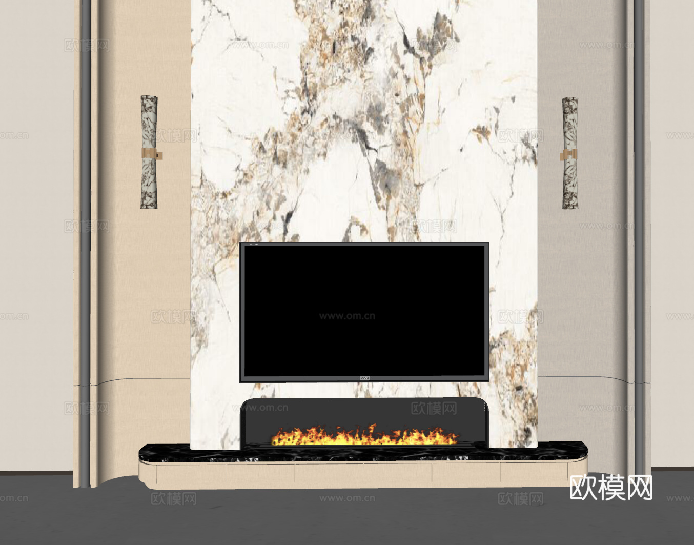 轻奢电视背景墙 石材背景墙 壁炉电视背景墙 壁炉 意式背景墙su模型